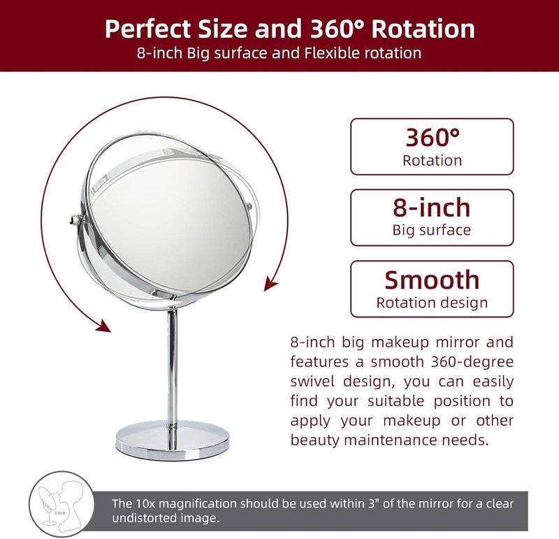 Classic Round Desktop Makeup Mirror - 15" Tall Double-Sided 360° Swivel | 1X/10X Magnification for Bathroom & Bedroom