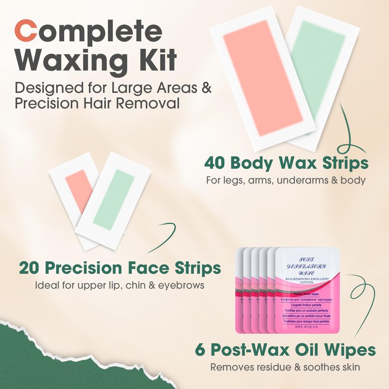Wax Strips for Hair Removal: 60 Count (40 Large Body & 20 Face) Ready to Use Cold Waxing Kit for Women & Men – Bikini, Underarm, Legs, Arms, Upper Lip, Chin, Sensitive Skin