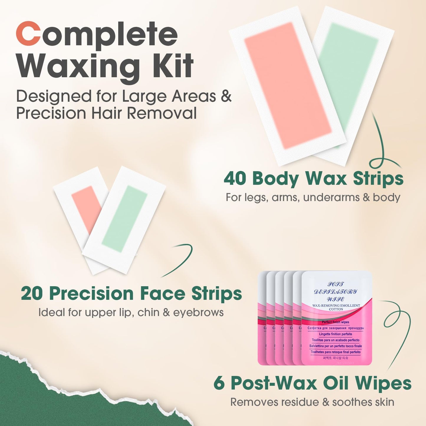 Wax Strips for Hair Removal: 60 Count Face & Body Waxing Kit for Women & Men, Ready to Use Cold Wax Strips for Facial Hair Removal, Upper Lip, Chin, Bikini, Underarm, Arms, Legs, Sensitive Skin
