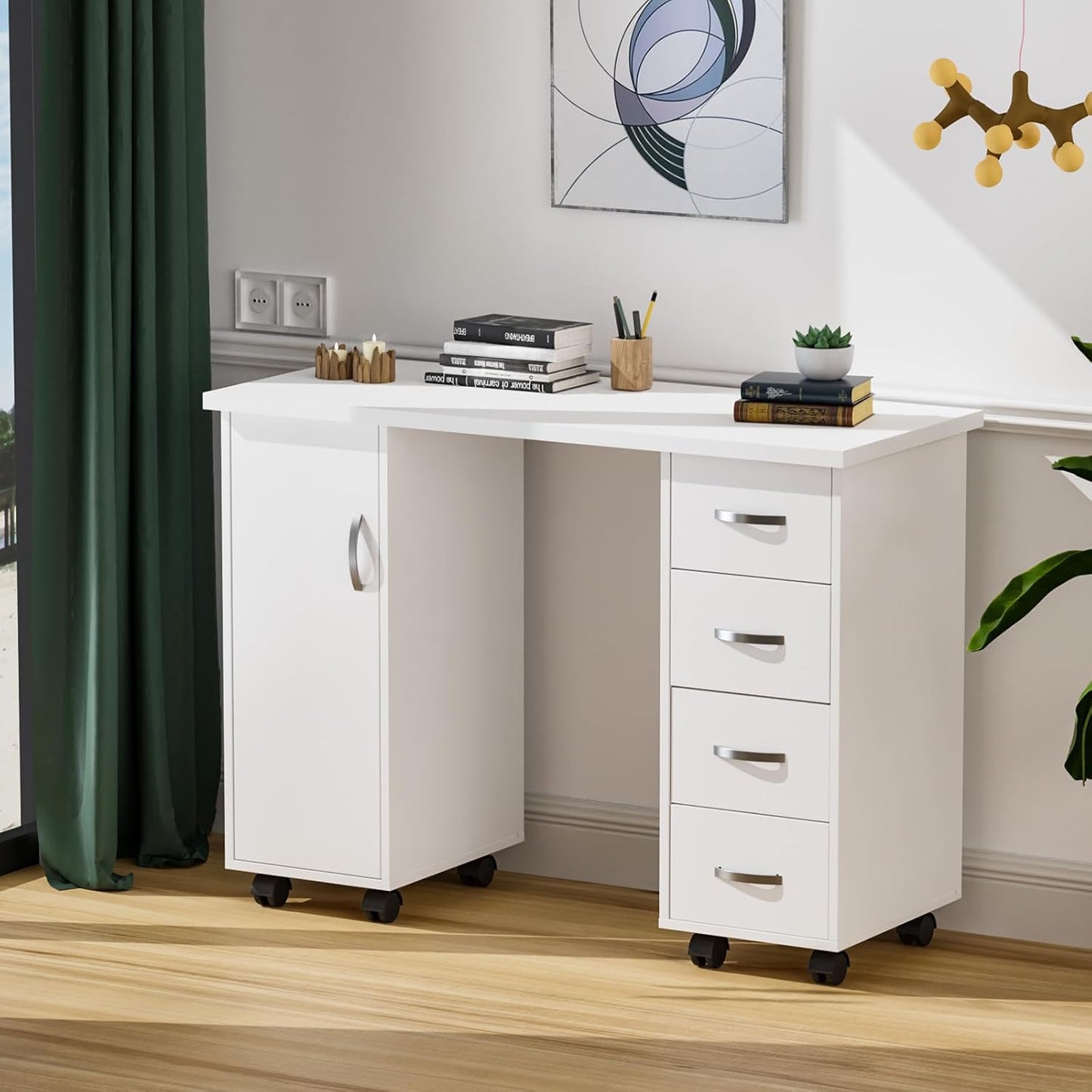 Manicure Table - Professional Nail Desk with Cabinet, Drawers & Wheels | White Spa Salon Workstation