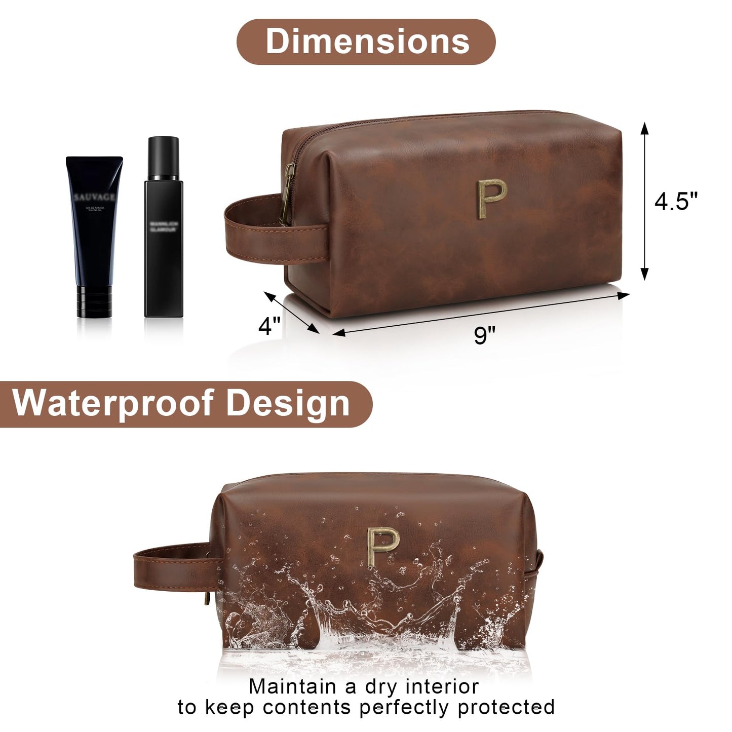 CLOUDWINGS Men’s Personalized Gift Initial Travel Toiletry Bag for Him PU Leather Waterproof Shaving Bag for Travel Essentials Birthday Gift for Dad Husband Boyfriend (P)