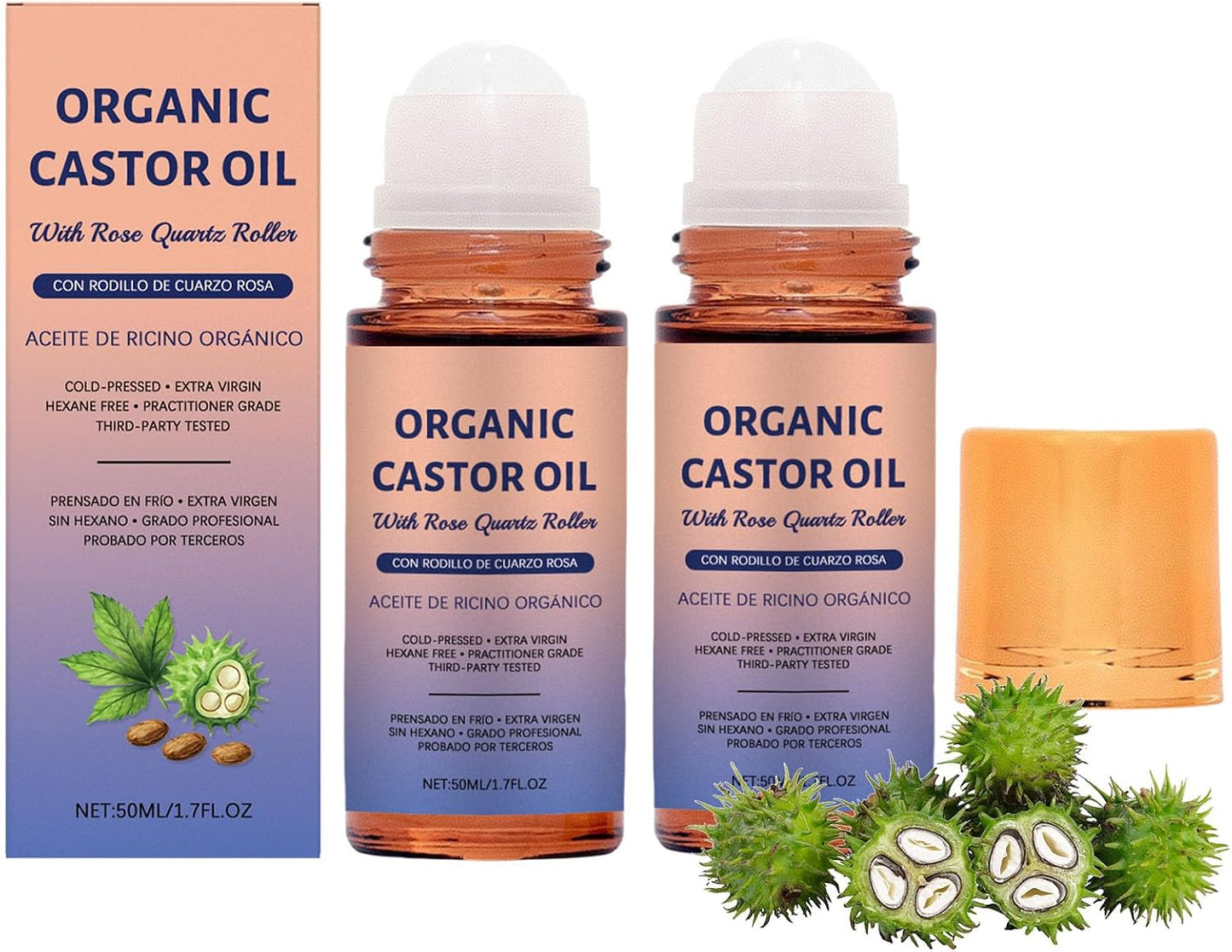 Organic Castor Oil with Rose Quartz Roller - 100% Cold Pressed, Hexane-Free | 1.7oz Amber Glass Bottle