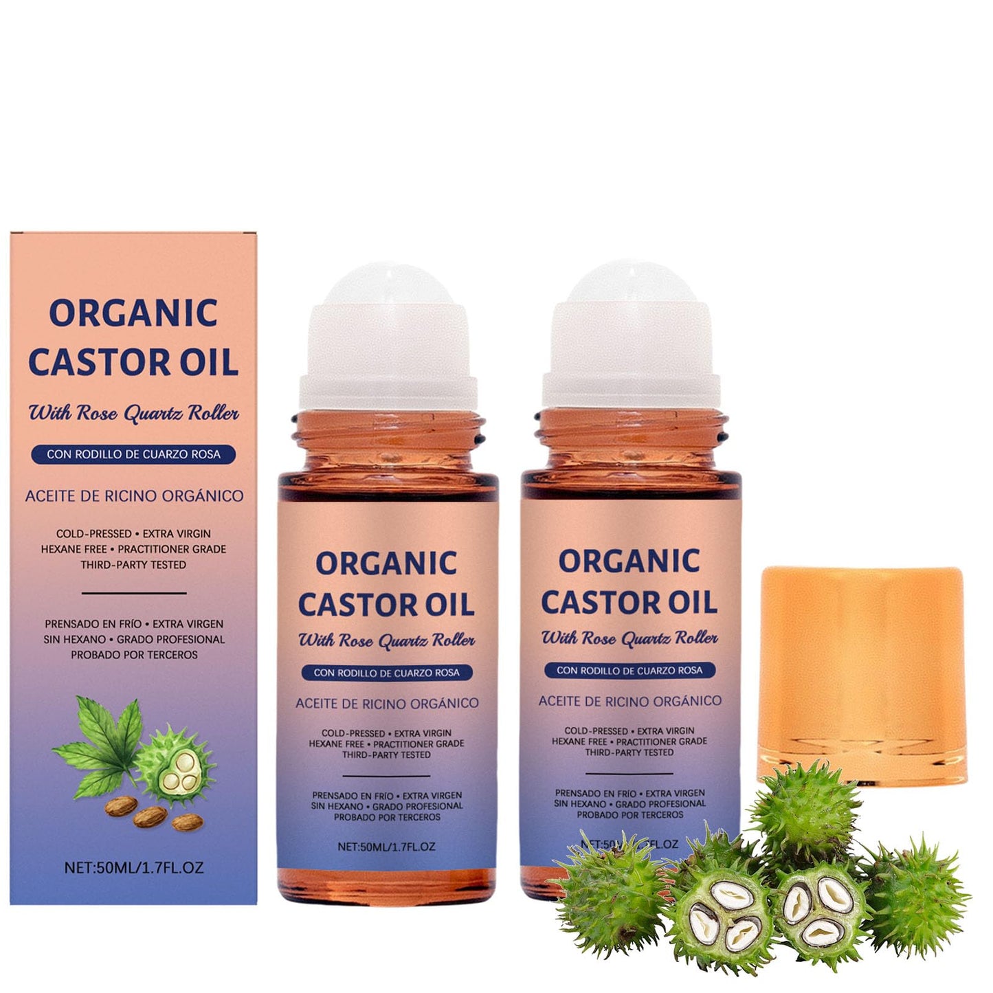 2PCS Organic Castor Oil with Rose Quartz Roller, 100% Castor Oil Organic Cold Pressed, Hexane-Free,Amber Glass Bottle for Skin 1.7oz