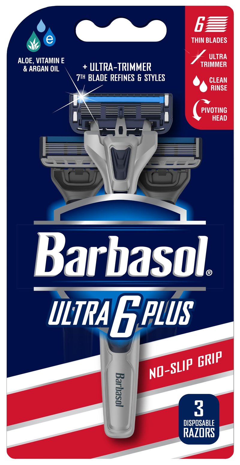 Barbasol Ultra 6 Plus Value Pack | Premium 6-Blade Disposable Razors | Disposable Shaving Razor Bundle | Close Shave Technology, UltraTrimmer 7th Blade, Pivoting Head (1 Pack / 3 Total Razors)