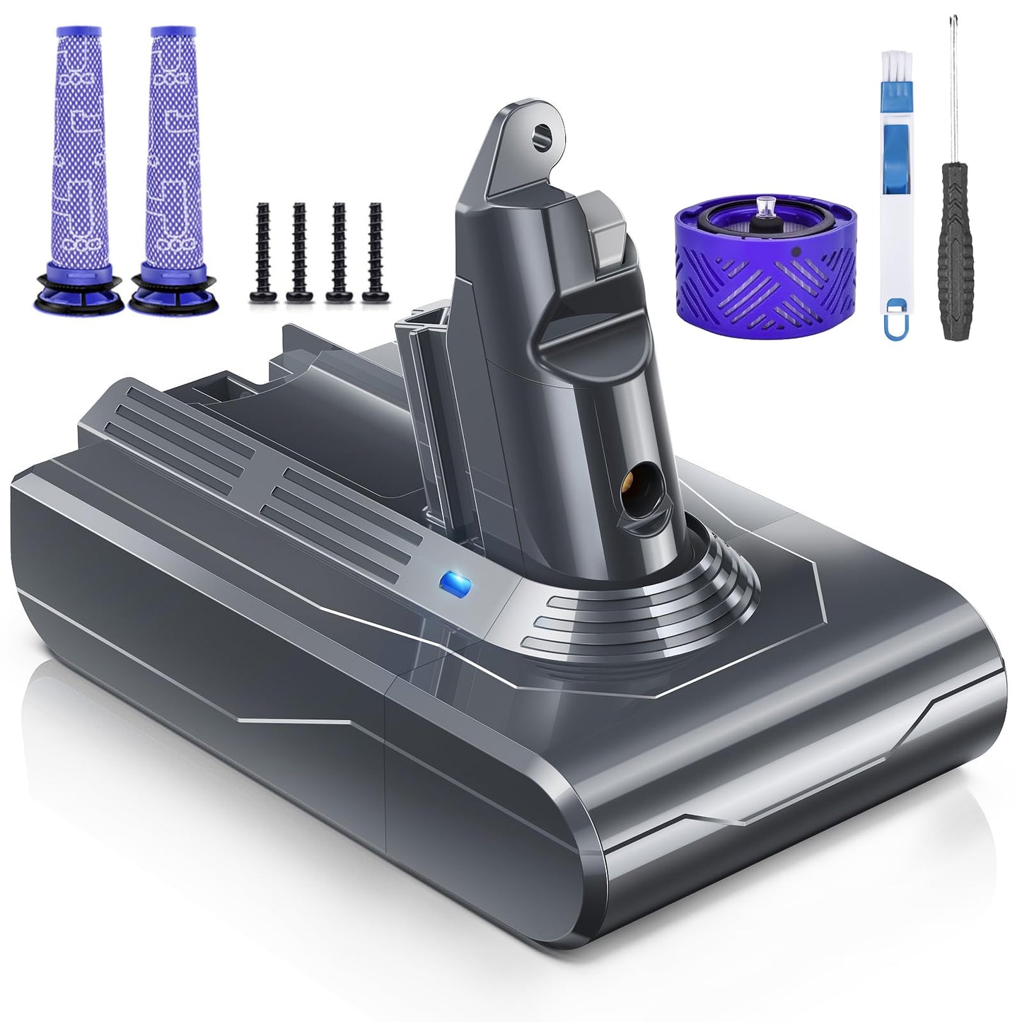 8000mAh Rechargeable Replacement Battery for Dyson V6 Series Vacuum Cleaners, Providing 26 Minutes of Runtime in Standard Mode, Installs in Just 3 Minutes, Includes 2 Pre Filter and 1 Post Filter