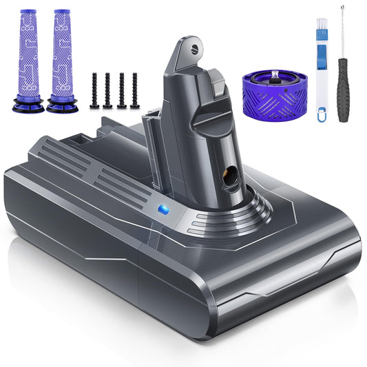 8000mAh Rechargeable Replacement Battery for Dyson V6 Series Vacuum Cleaners, Providing 26 Minutes of Runtime in Standard Mode, Installs in Just 3 Minutes, Includes 2 Pre Filter and 1 Post Filter