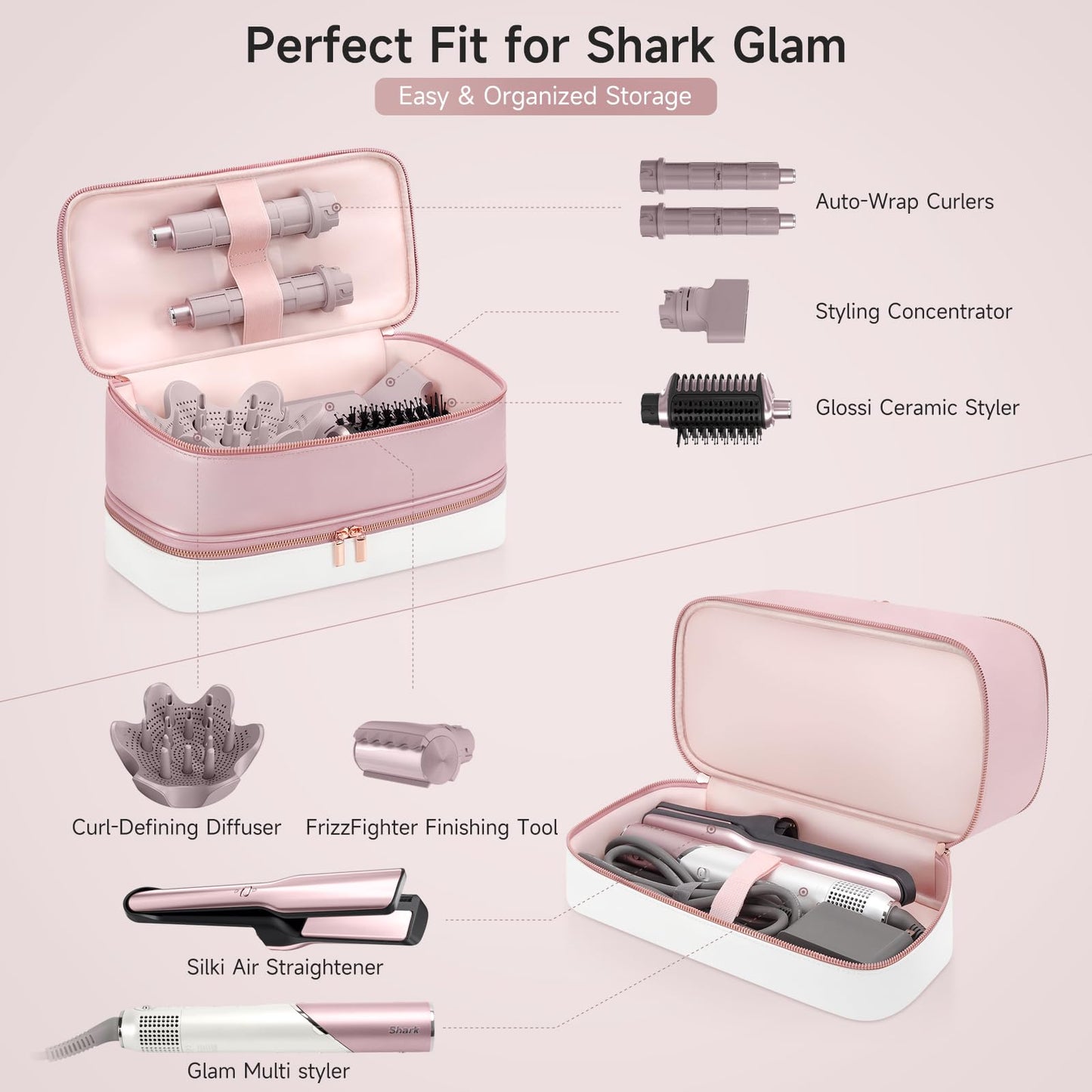 Travel Hair Dryer Case for Shark Glam, Portable Hair Tools Bag for Shark FlexFusion, Double-Layer Storage Carrying Case for FlexStyle Blow Dryer, Silki Straightener & Glossi Attachments Holder (Pink)
