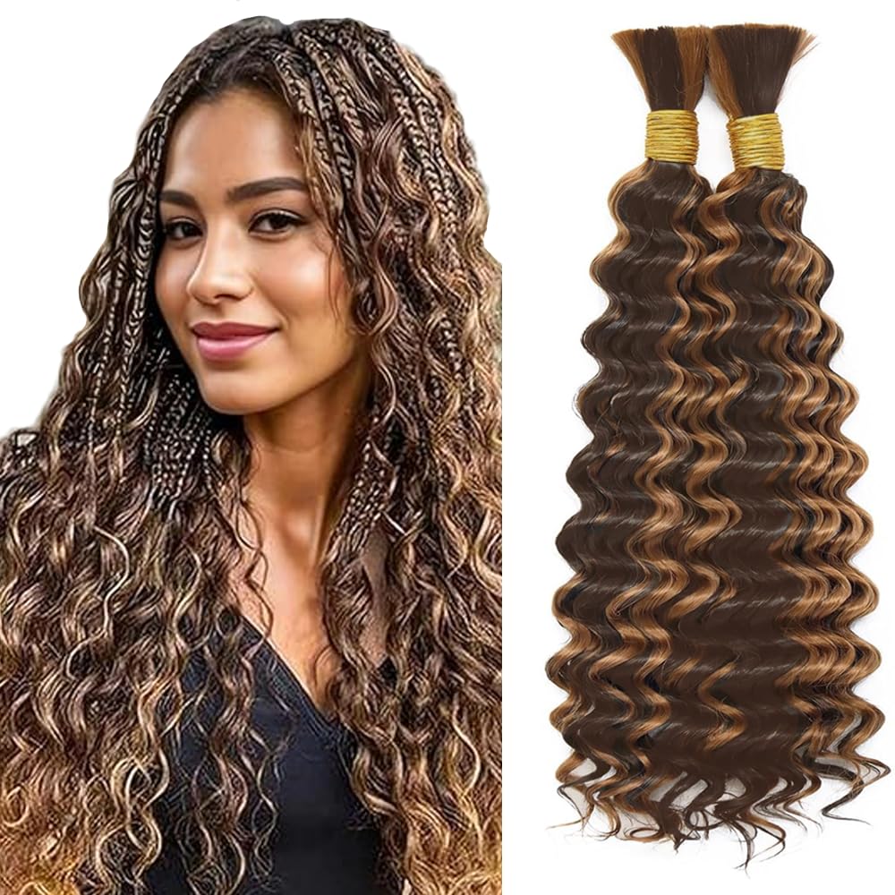 4/30 Boho Human Hair Highlight Brown Boho Hair For Braiding Color p430 Deep Curly Wave Braids Bulk Ombre Brown Braids HuxoWax 16 16 Inch 100g