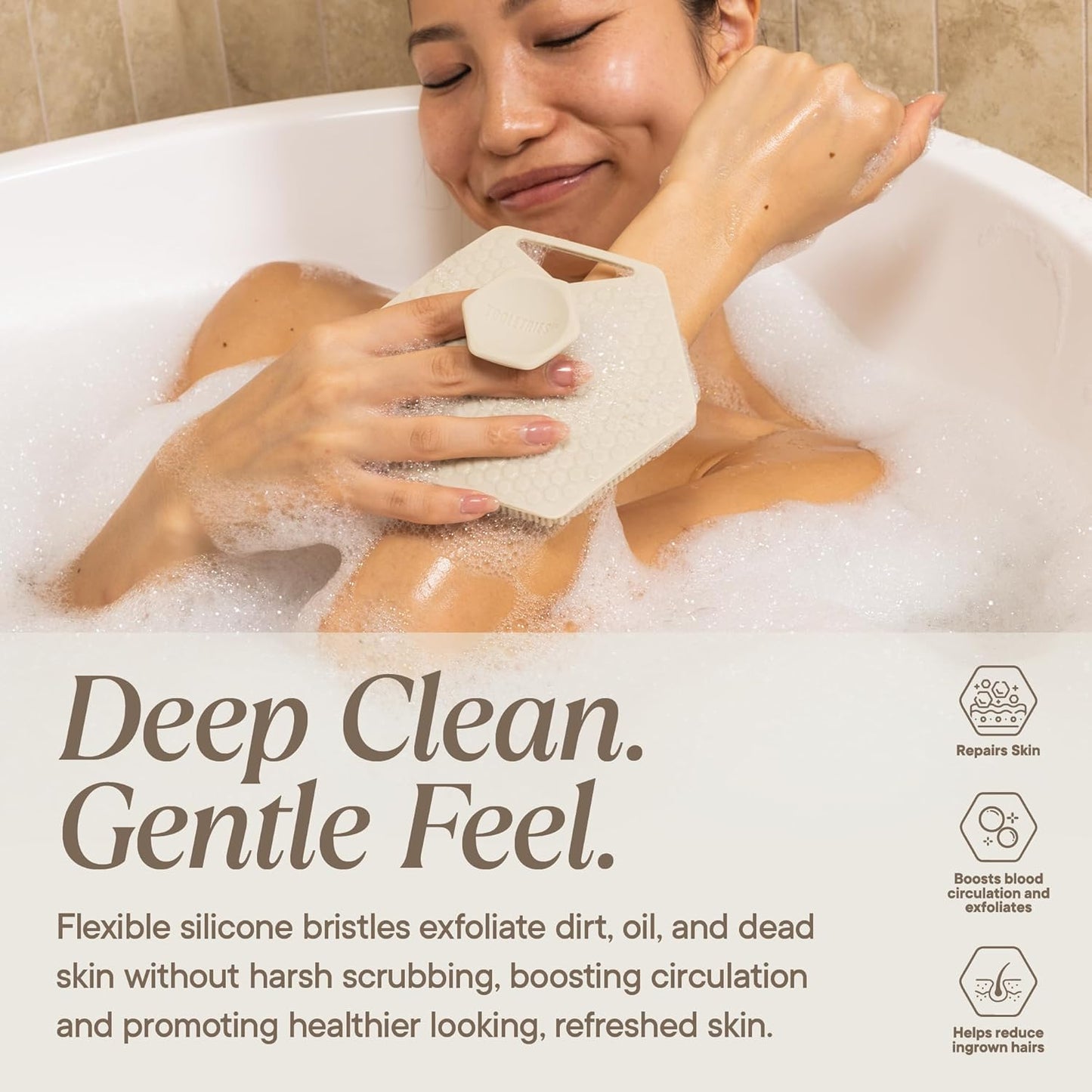 Premium Silicone Body Scrubber 2.0 | Exfoliating Loofah Alternative for Sensitive Skin - Quick Drying, Long-Lasting, Sand Color