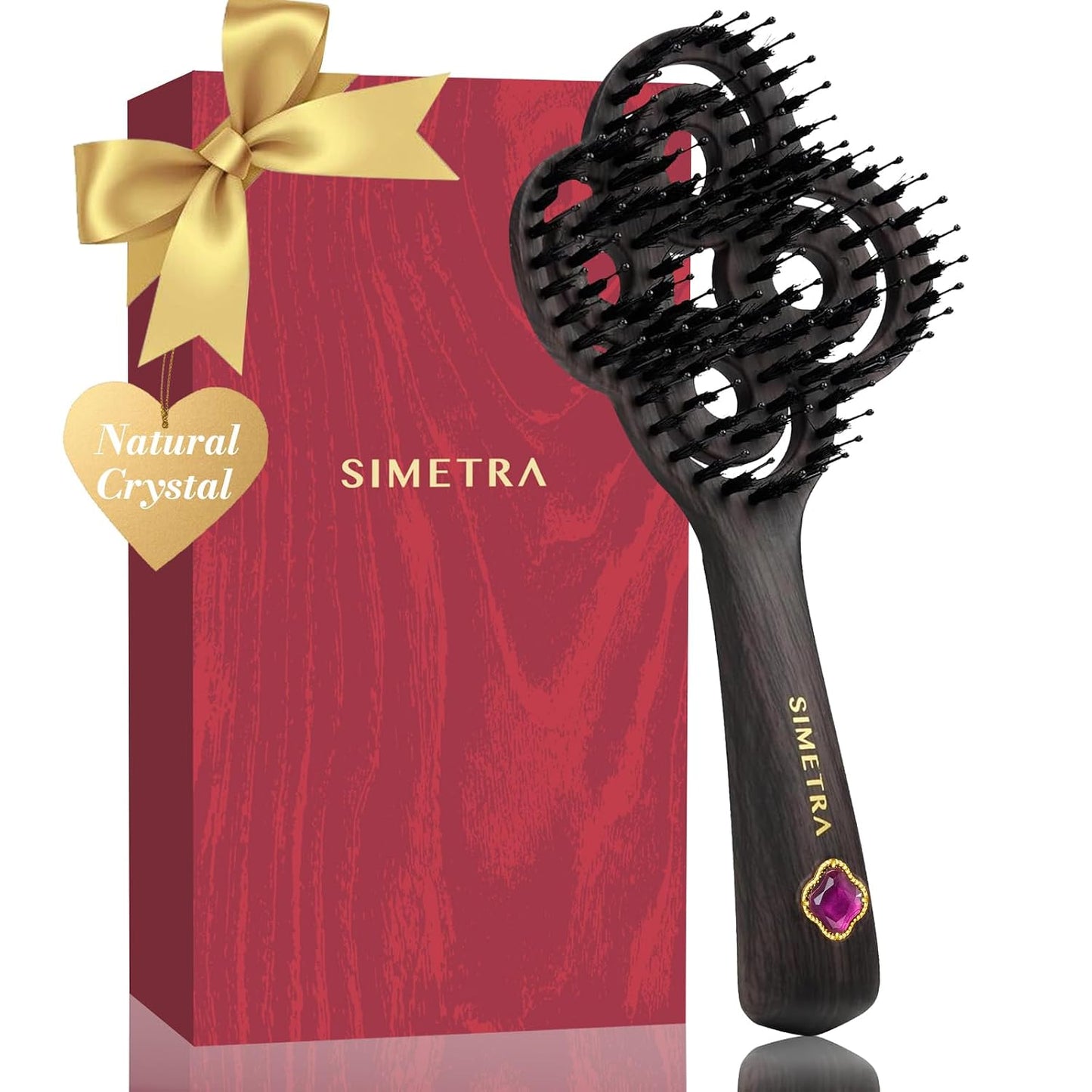 SIMETRA Lucky Hair Brush - 14K Gold Plated Detangling Brush with Natural Crystal Inlay | Boar Bristle for All Hair Types