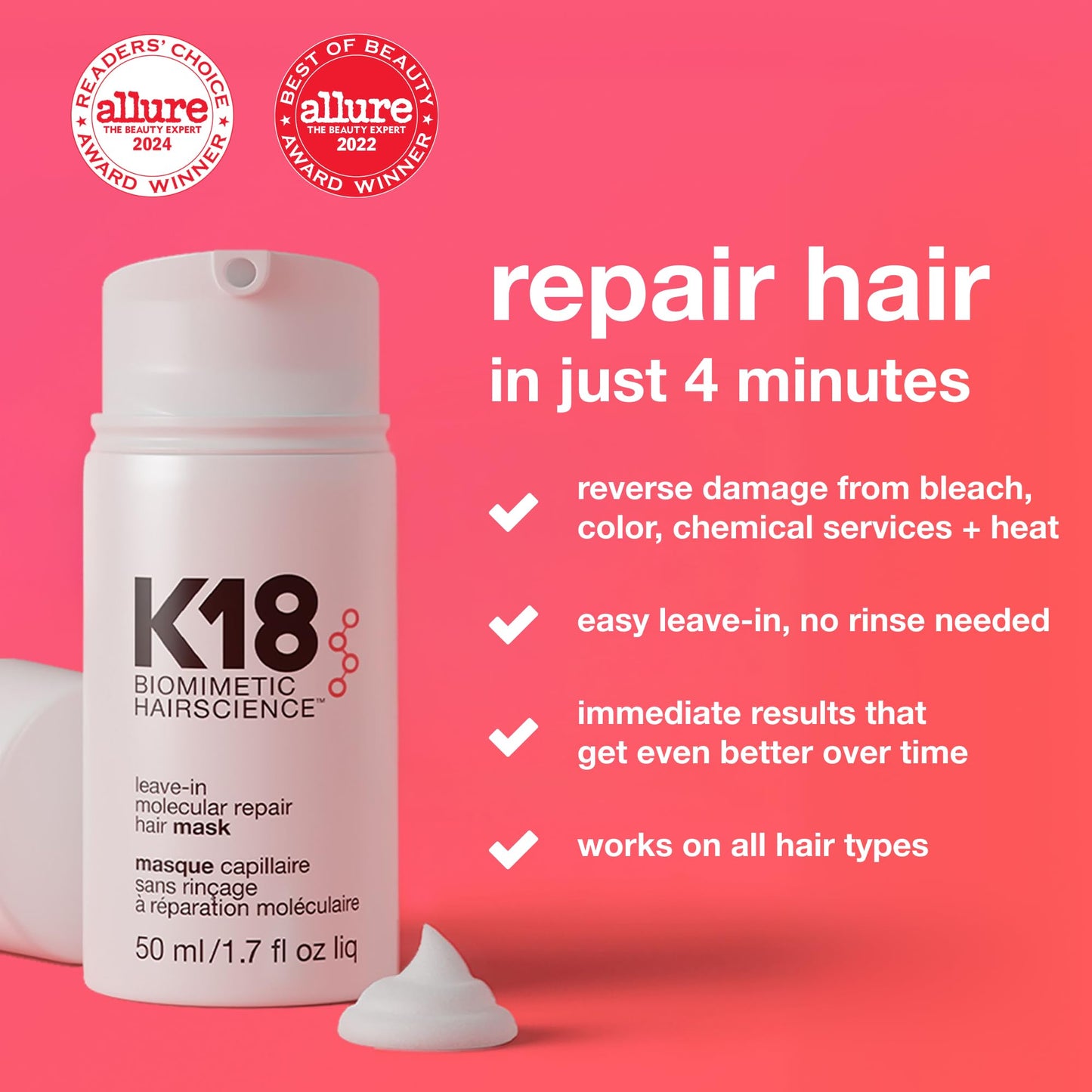 K18 Leave-In Molecular Repair Hair Mask - Peptide Hair Treatment Mask for Bleach, Color, Chemical + Heat Damaged Strands - Immediate + Lasting Damage Reversal in 4 Minutes (0.5 Fl oz)