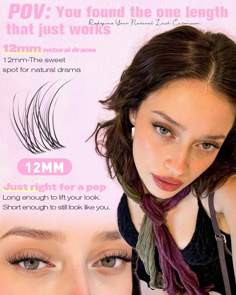 Natural Lash Clusters - 12mm Wispy Eyelash Extensions | Soft Ultra-Light C Curl, Clear Thin Band