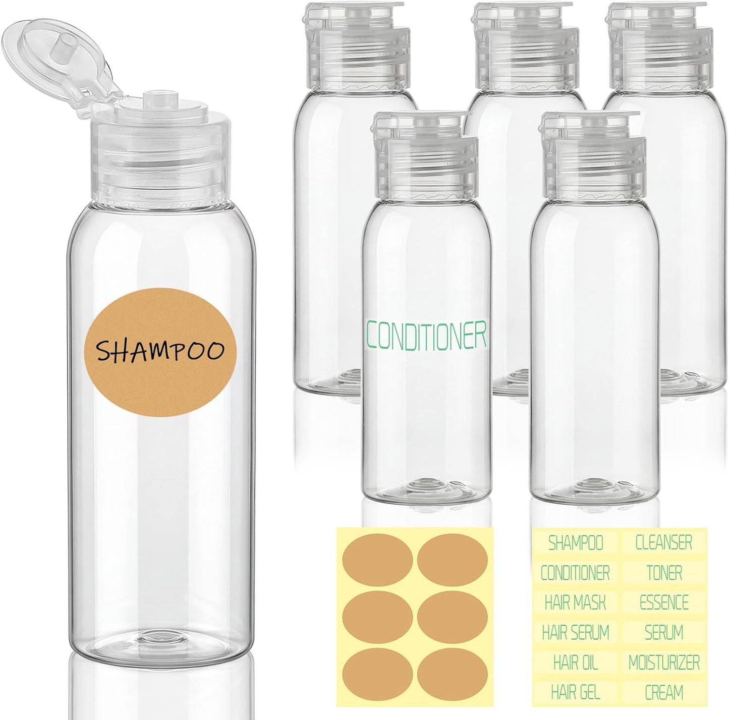Travel Bottles for Toiletries - 6 Pack 2oz Leak Proof TSA Approved Squeeze Containers | Clear Wide Mouth for Shampoo & Conditioner