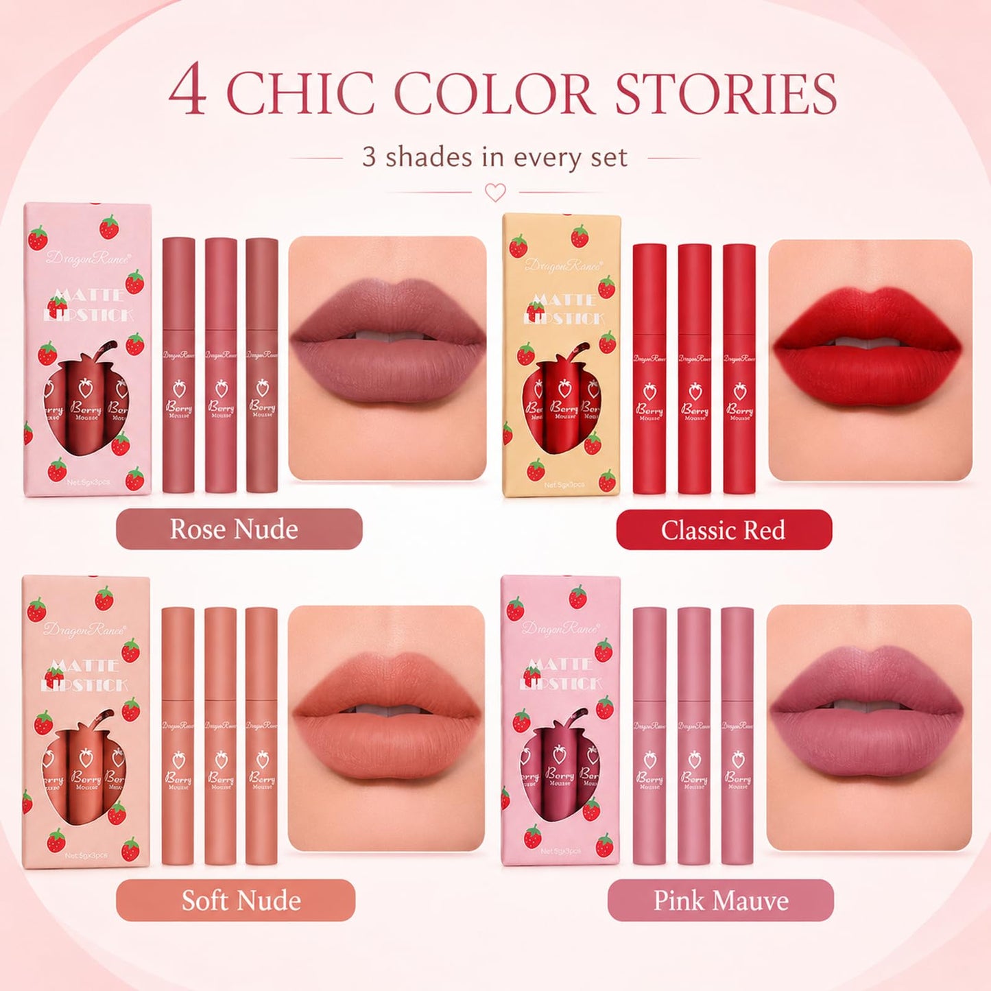 3Pcs Matte Lipstick for Women, Rose Red Nude Liquid Lipstick Makeup, Long Lasting High Impact Color, Velvet Air Moisture Smooth Crayon Lip Stain, Non-Stick Cup Waterproof Lip Gloss, Up to 24H Wear