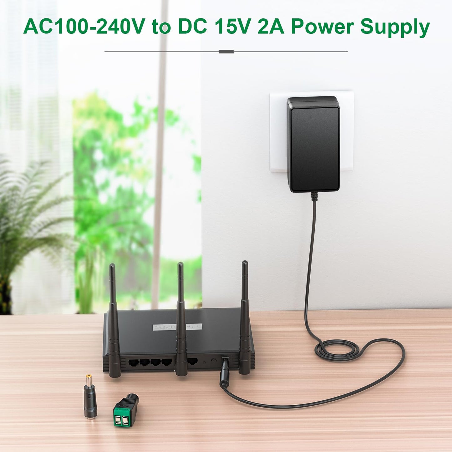 SoulBay 15V DC Power Supply with 2pcs Tips for Cat Litter Box Router LED Light Speakers Camera Record Player Guitar Amp Replacement, 5FT Cord, AC 100-240V to DC 15 Volt 2A Adapter