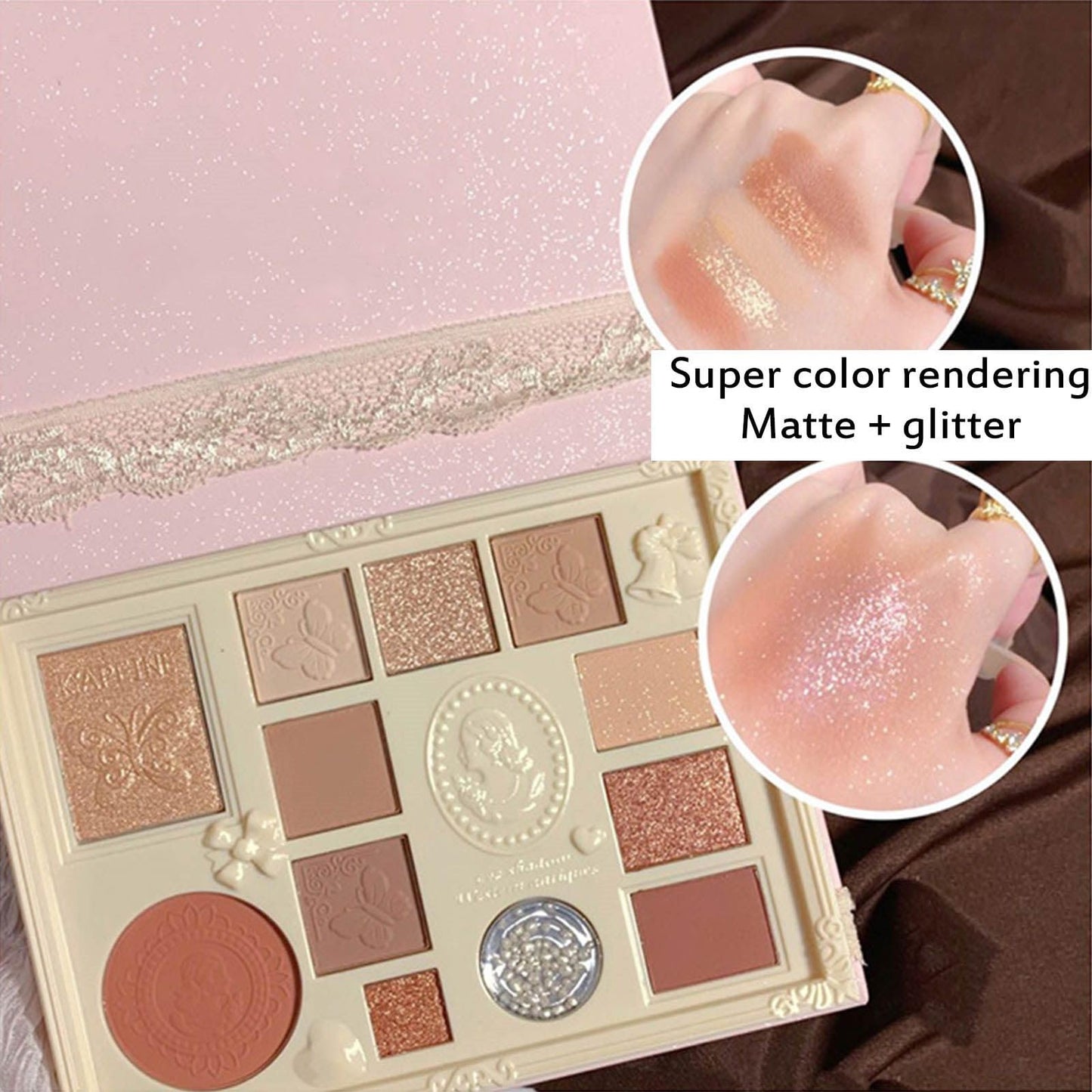 Ezyuanchly Lace 12 Color Eyeshadow Palette, Blendable Shimmer and Matte Nudes Shades, All In One Makeup Blush Highlighter, Pink