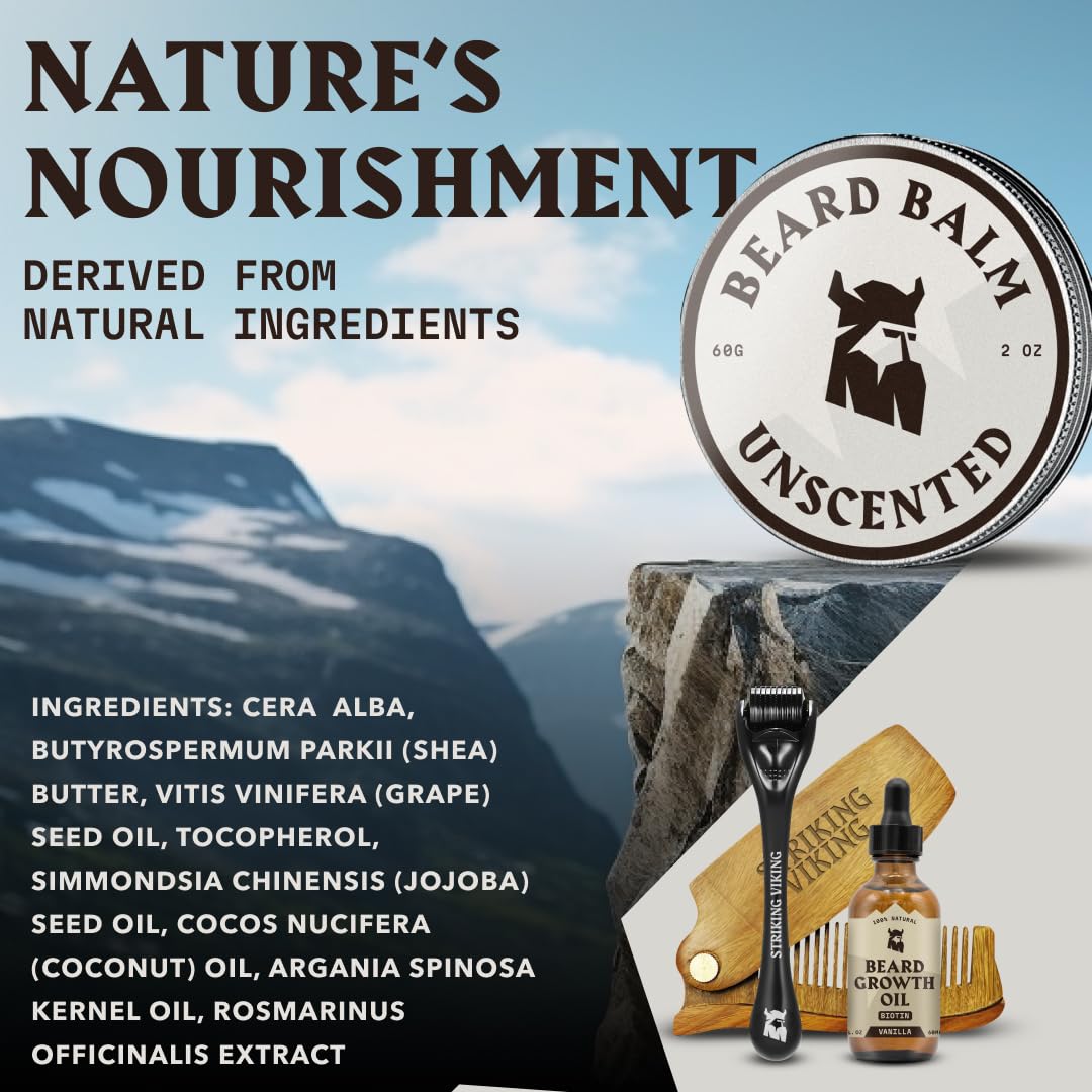 Striking Viking Beard Balm for Men - Unscented, 2 Ounces - Fragrance Free Care & Styling - Travel-Sized Beard Softener Balm with Aegan & Jojoba Oils