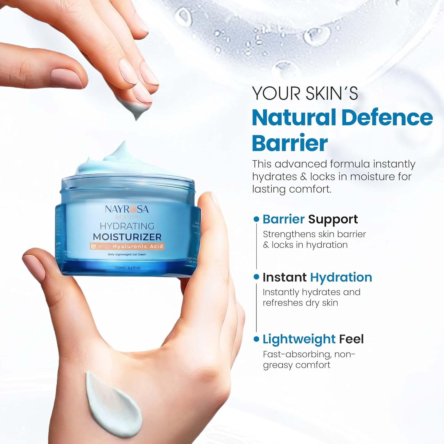 Hyaluronic Acid Gel Moisturizer Cream - 48 Hr Hydration & Vitamin E | Lightweight Water Cream for Normal/Dry Skin - 100ml