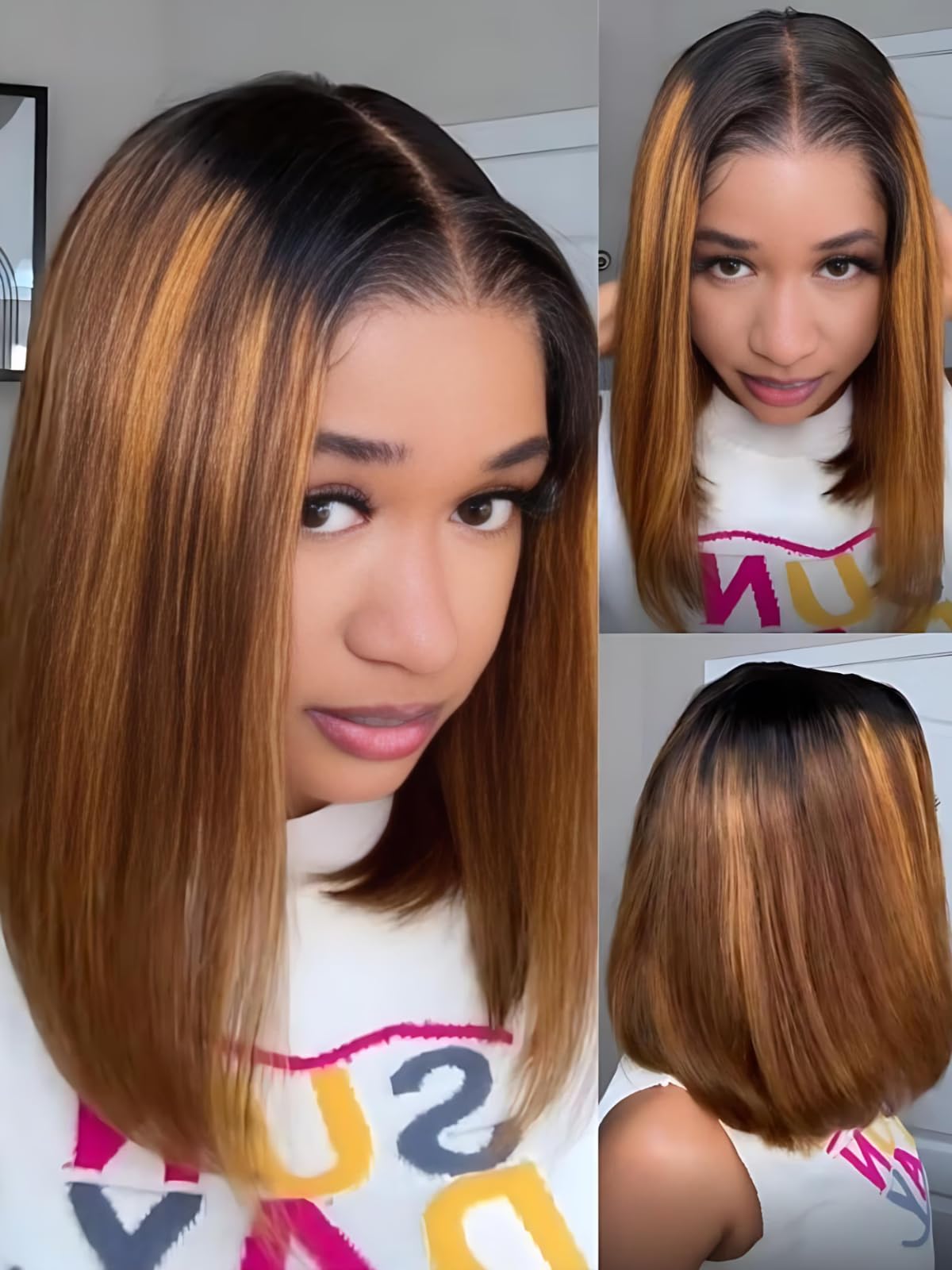 UNICE Bye Bye Slip Blunt Bob Wig Human Hair 7x5 Lace Closure Glueless Drawstring Wig Pre Plucked Pre Cut Bleached Knots Brown with Blonde Piano Highlights 12 inch