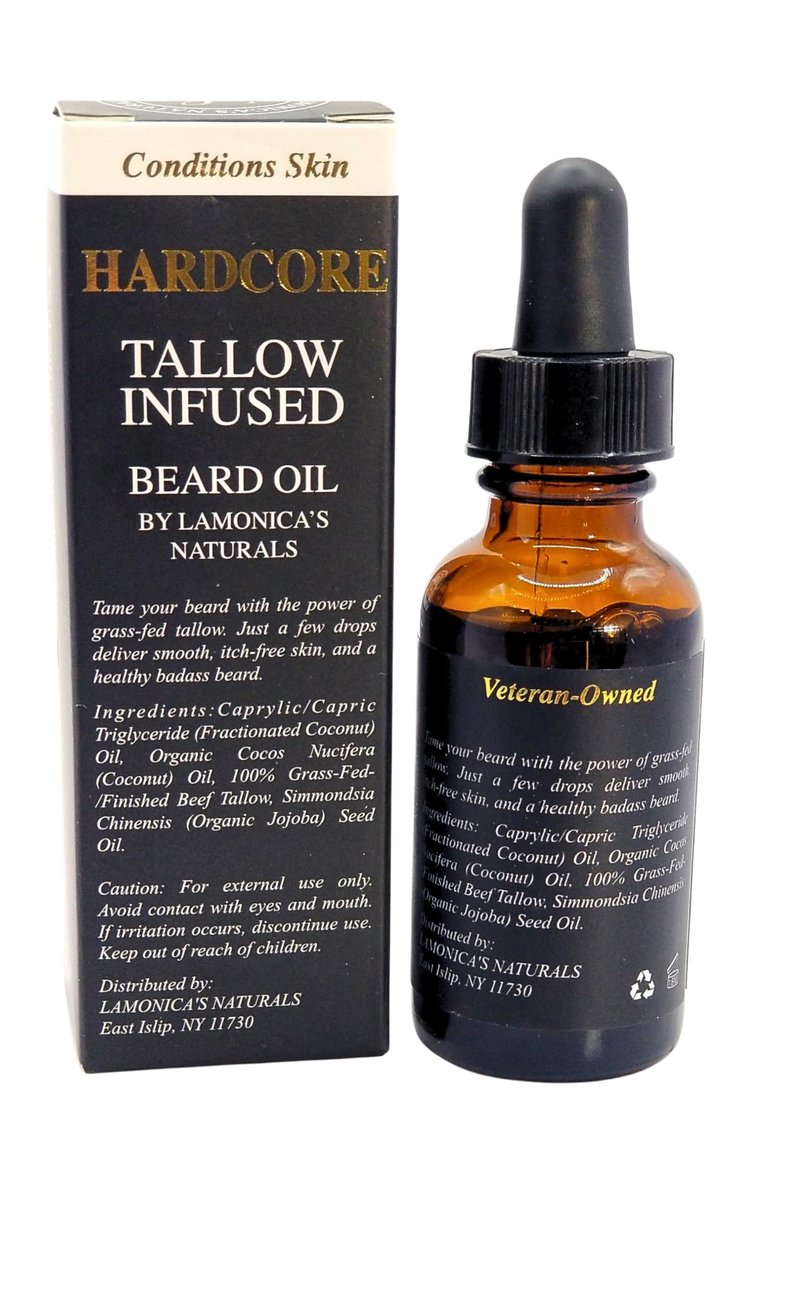 LAMONICA'S NATURALS Tallow-Infused Hardcore Beard Oil for Men – Unscented, 100% Grass-Fed finished tallow & Organic Oils – Softens, Hydrates & Conditions Beard – Grooming Oil for Men Veteran-Owned