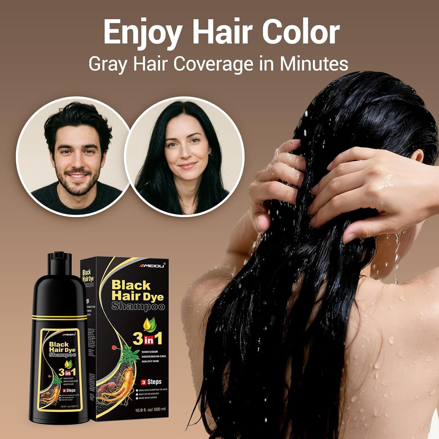 Black Hair Dye Shampoo - 3 in 1 Semi-Permanent Gray Coverage for Color-Treated Hair | 500ml