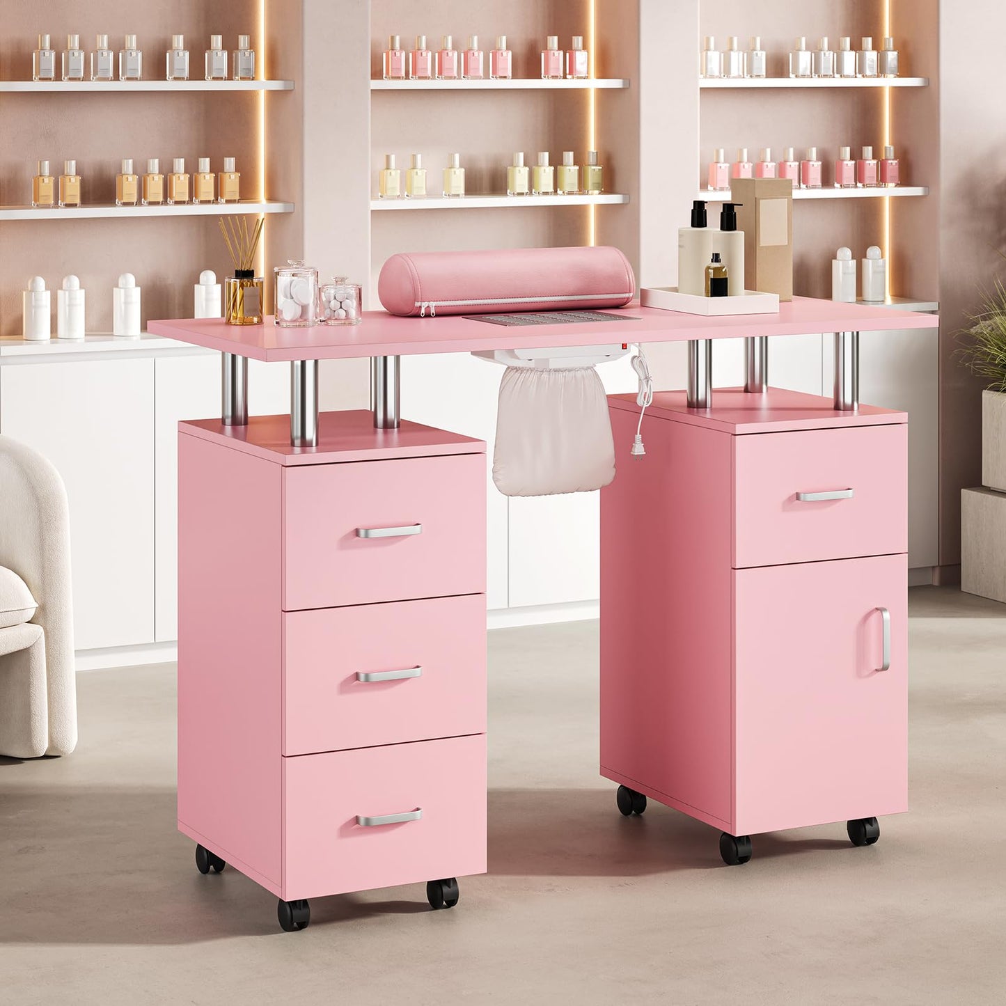 LEISULIF Professional Manicure Station with Dust Collector and Wrist Cushion, Mobile Nail Tech Desk Featuring 4 Drawers, Storage Cabinet and Lockable Wheels for Salon and Home Use - Pink