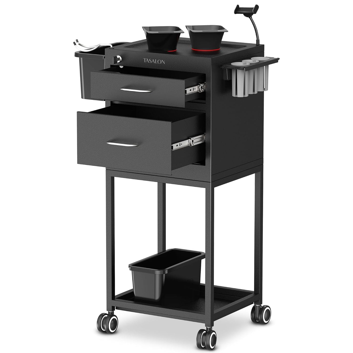 Metal Lockable Salon Cart with Wheels - Rolling Barber Trolley for Hair Stylists | 2 Magnetic Bowls & Drawers