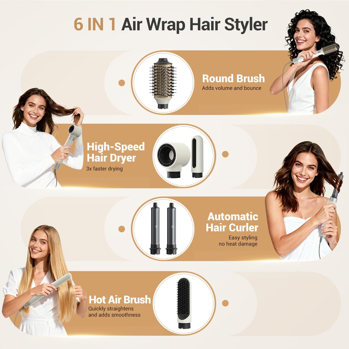 6 in 1 Hair Styler, High Speed Ionic Hair Dryer with Auto-Wrap Curlers, Blow Dryer Oval Brush & Volumizer, No Heat Damage Hot Air Styler for Fast Drying, Curling, Smoothing & Volume