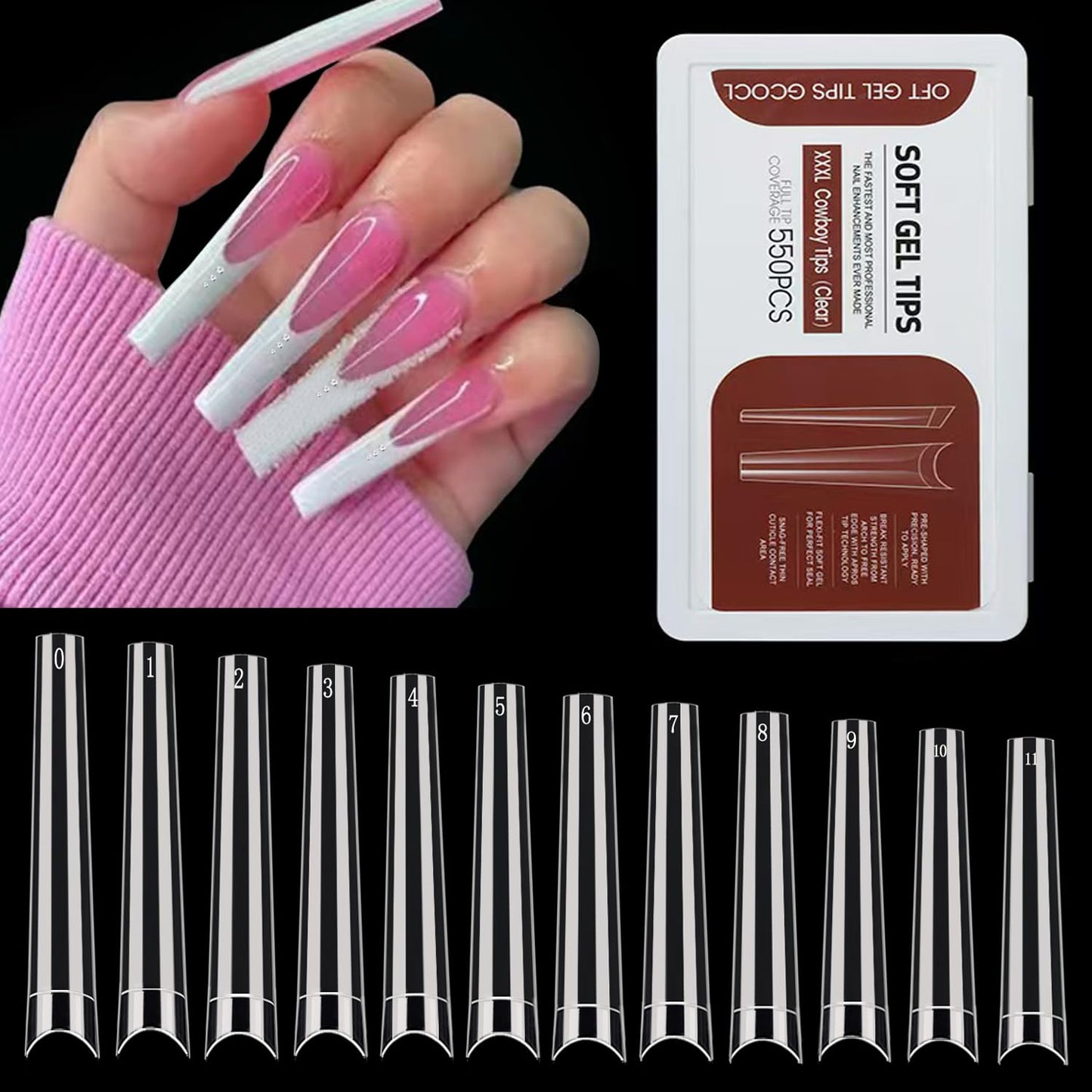 Stiletto Nail Tips - 600PCS XXXL Extra Long Full Cover for Acrylic Nails | 12 Sizes Clear Flattened Fake Nails