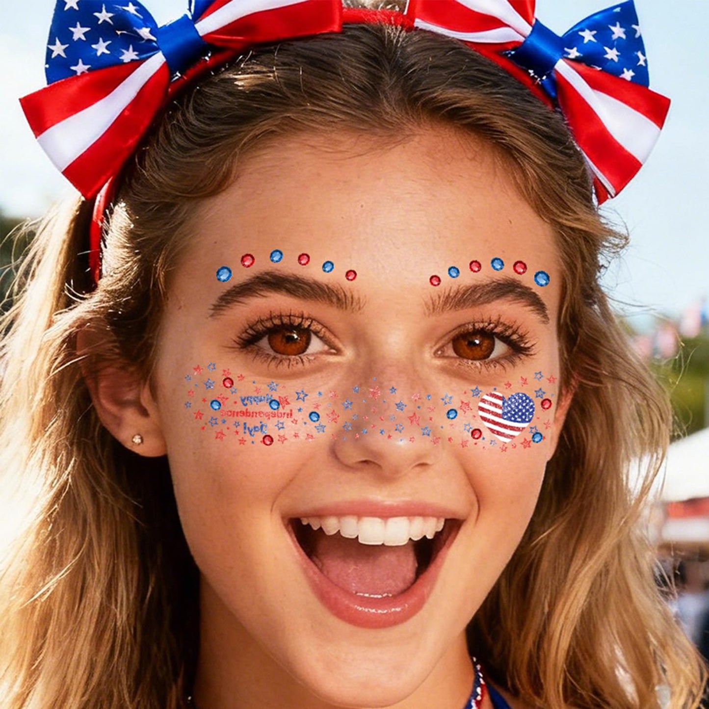 12Pcs Red White and Blue Glitter Freckles Face Tattoo for Makeup, 4th of July Accessories Sparkle Star Freckle Stickers with Rhinestones, Independence Day Patriotic Temporary Tattoos for Women