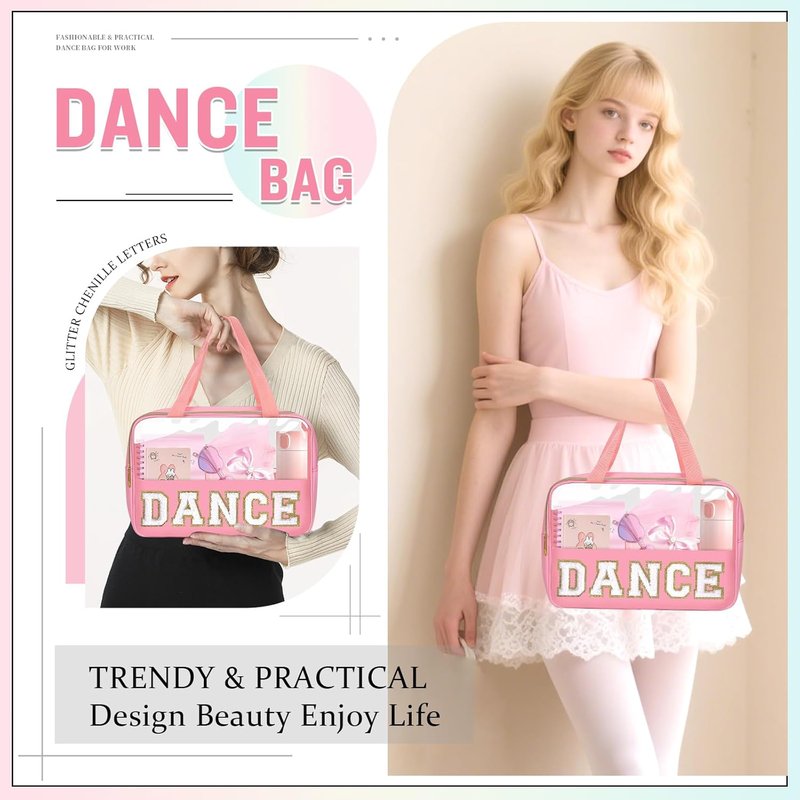 Dance Bag for Girls - Chenille Letter Clear Makeup & Shoe Storage | Toddler Ballet Accessory in Pink