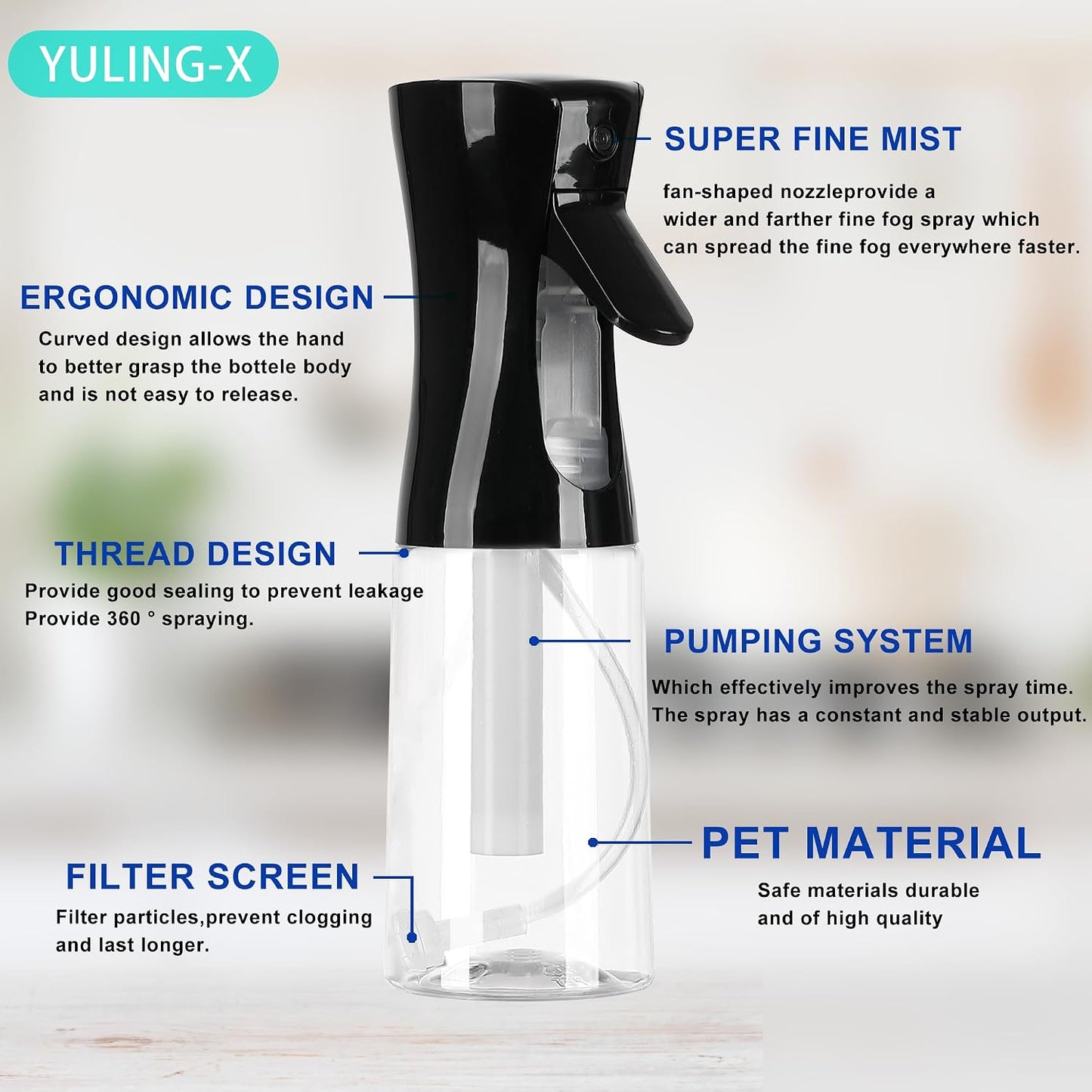 Continuous Spray Bottles for Hair - 200ml Reusable Mist Sprayer | Ideal for Hair Care, Plants & Cleaning (Black & White)