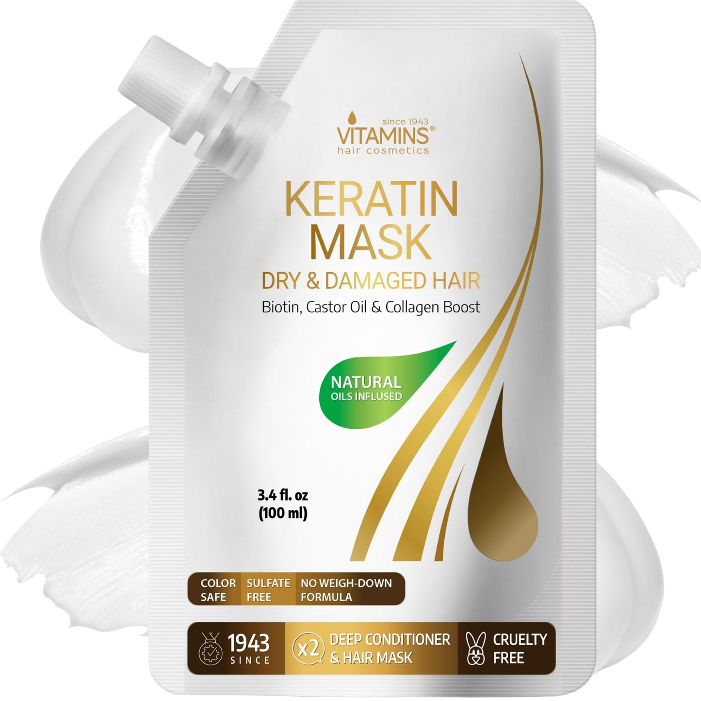 VITAMINS hair cosmetics Keratin Hair Mask - Protein Repair Keratin Treatment - Deep Conditioner for Dry, Damaged, Curly, Straight & Frizzy Hair with Biotin, Collagen & Castor Oil - 3.4 Fl Oz