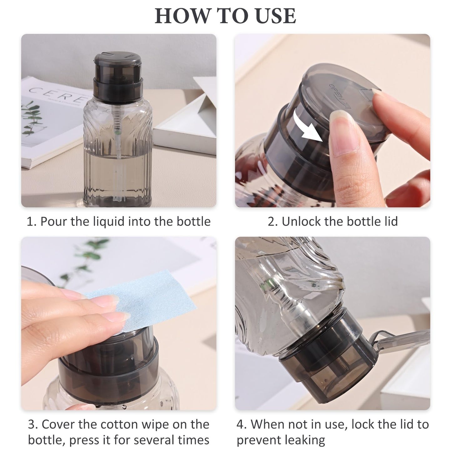 SUTOKAKA 2 Pack Non-Acetone Nail Polish Remover Pump Dispenser Lockable Empty Alcohol Dispenser Push Down One-Touch Bottle Container with Flip Top Cap for Makeup Remover Facial Toner, 300ML(10.1oz)