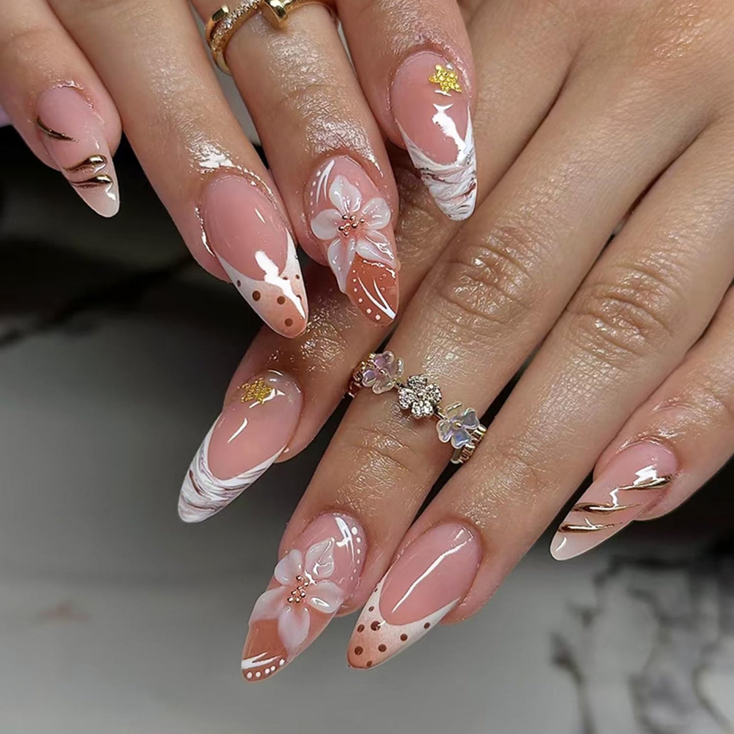 Short Almond Press-On Nails - 24 Pcs French Tip with Leopard Print & Gold Beads | Reusable Acrylic Nail Designs for Women