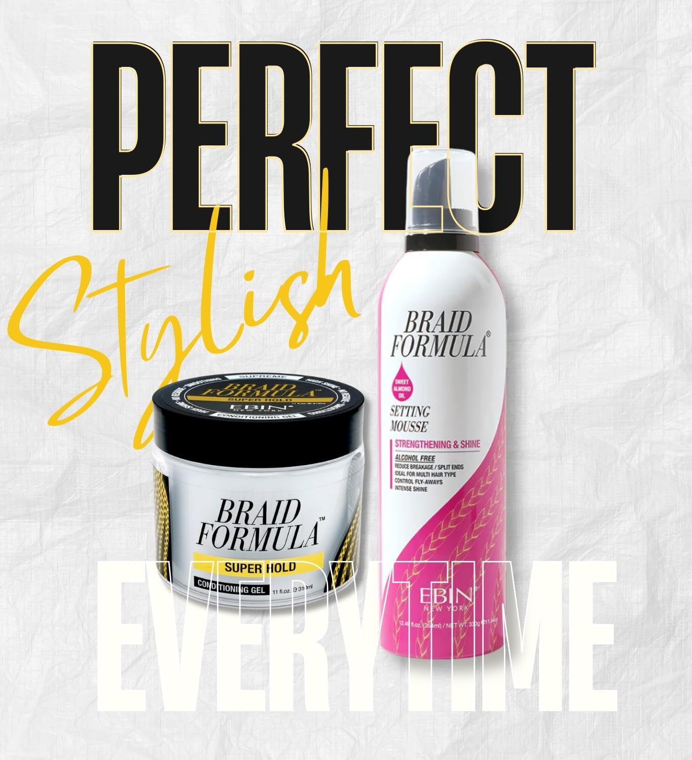EBIN NEW YORK Braid Formula Conditioning Gel Super Hold 11oz & Setting Mousse Strengthening Shine Sweet Almond Oil 12.49oz Braid Mousse Hair Foam & Gel for Braids – Gift Set (2 Items)