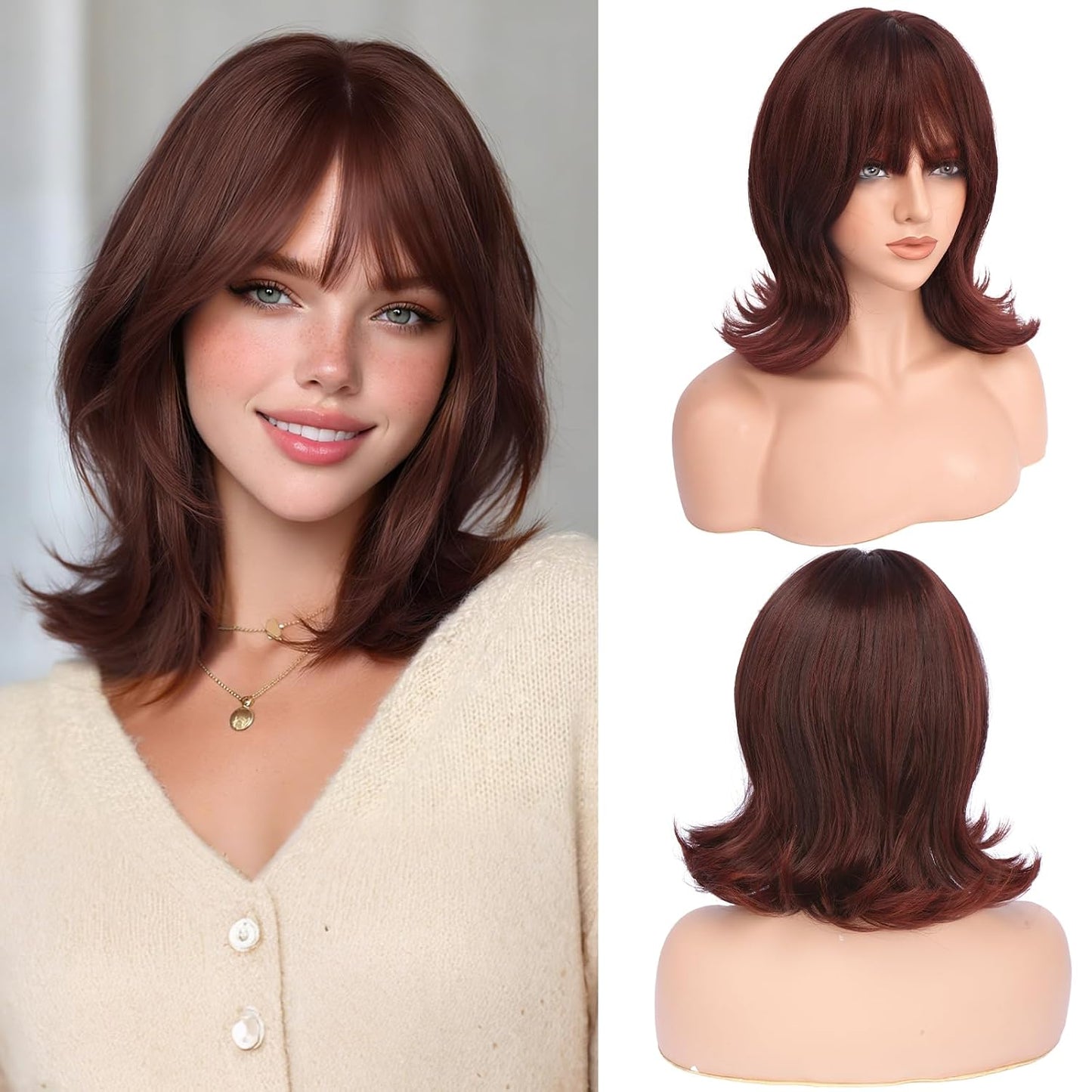 Brown Short Bob Wig with Bangs - Wavy Layered Synthetic Hair for Women | 14 Inch Natural Look with Highlights