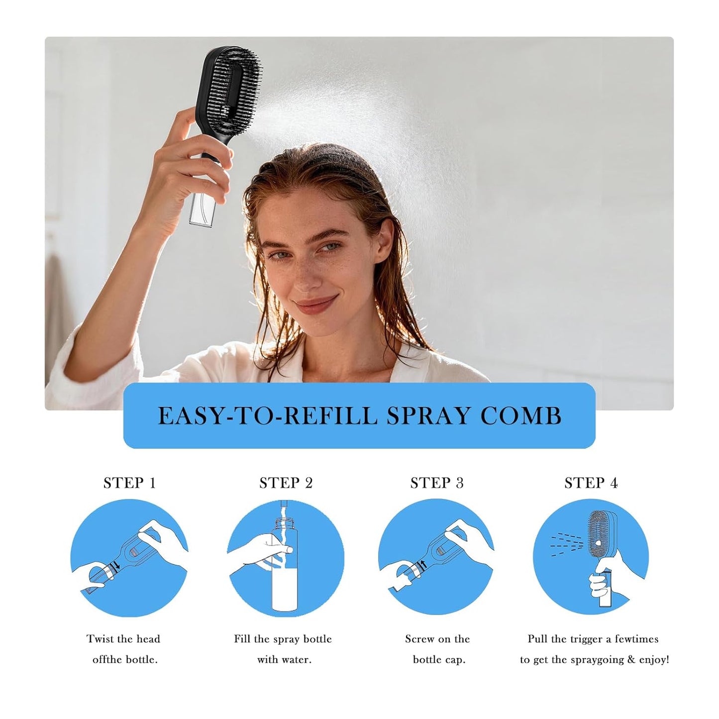 Non-Electric 2-in-1 Detangler Hair Brush with Mister Spray - Wet & Dry for Curly, Wavy & Straight Hair | 50ml Reservoir (Black)