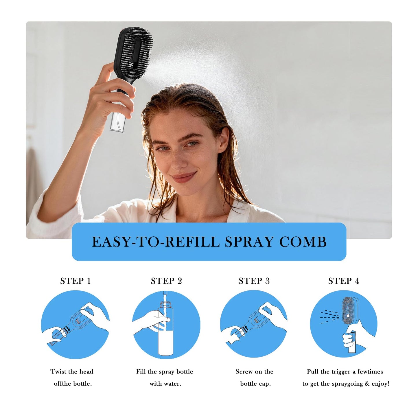 2-in-1 Manual Non-Electric Detangler Hair Brush with Built-In Mister Spray, Wet & Dry Detangling Brush for Curly, Wavy & Straight Hair, No-Tangle Anti-Frizz Brush，Reservoir 50ml.(Black)