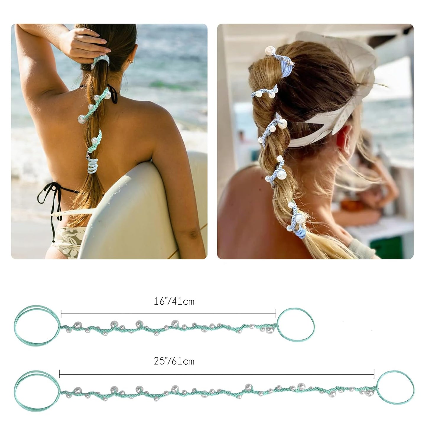 Pearl Hair Ties for Women - Hand-Braided Sport Ponytail Holders | Tangle-Free 16” Wraps in Hot Pink, Blue & Green (3 Pack)