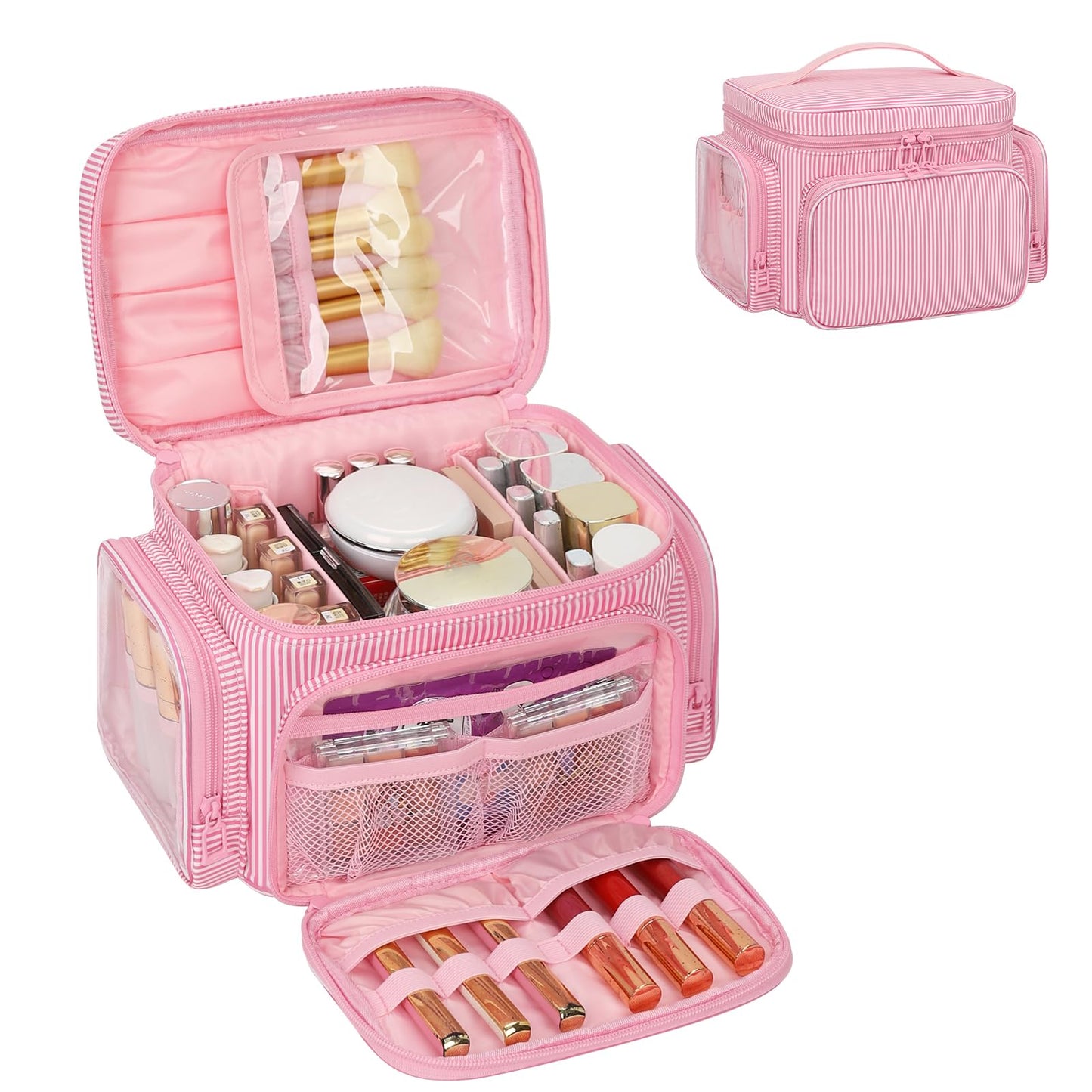Large Makeup Bag, Portable Travel Makeup Bag Organizer for Women Girls with Makeup Brush Compartment & Two Side Pockets, Cosmetic Travel Bag Vertical Storage Toiletry Bag - Pink Stripe