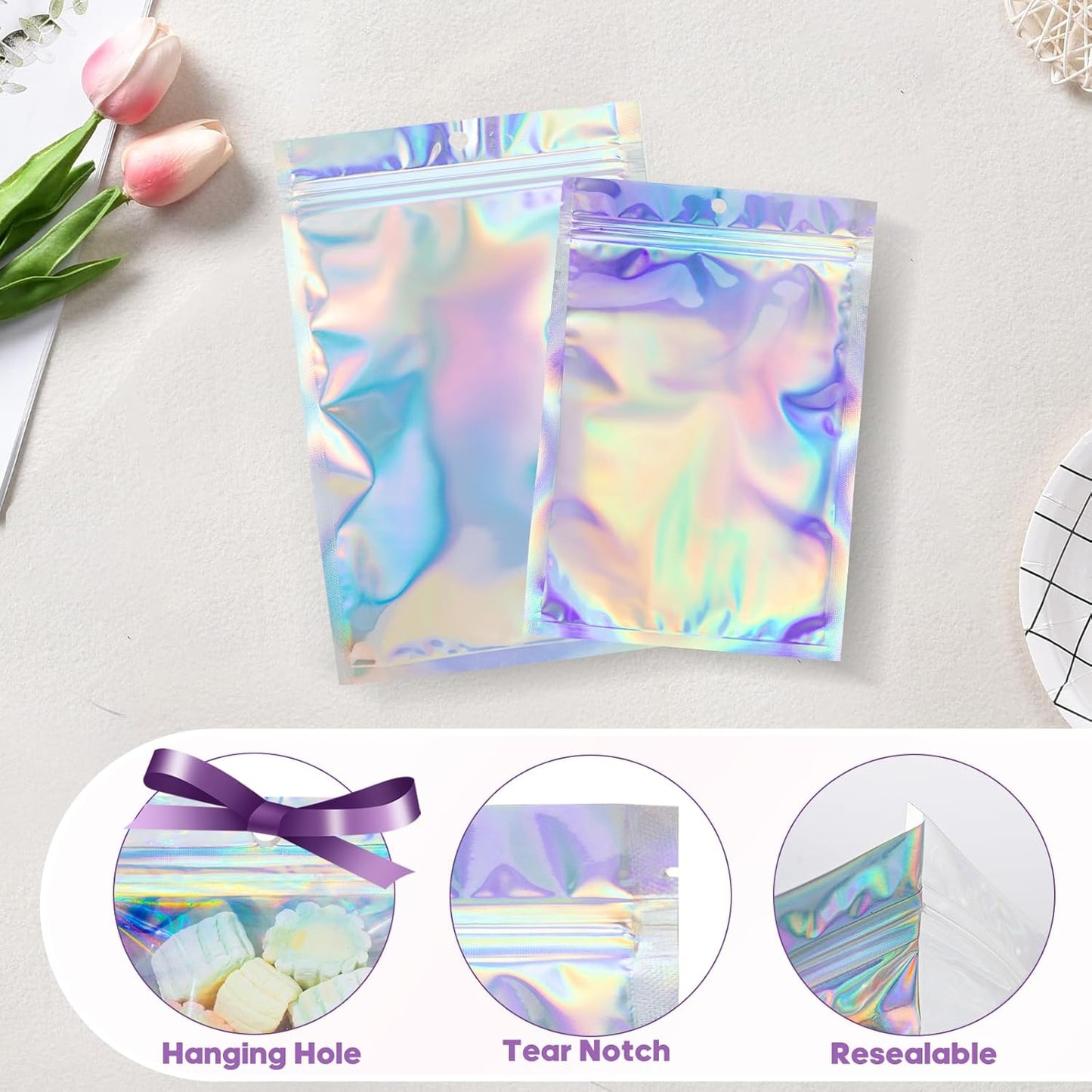 Holographic Resealable Foil Pouch Bags - Mylar Sample Bags for Food Storage | 50 Pcs, 6x9 Inch