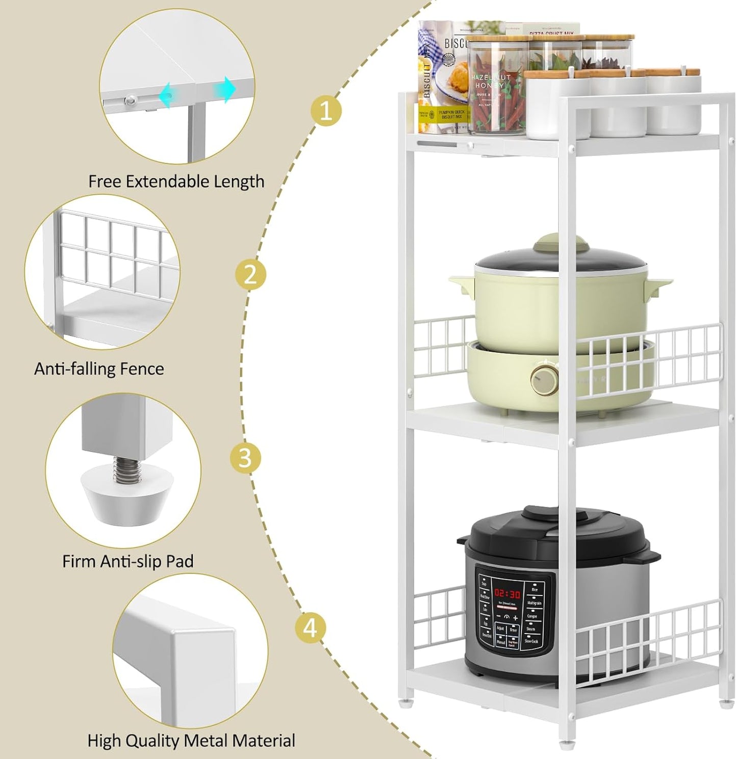 Expandable Slim Storage Shelf - 3 Tier Metal Shelving Unit for Bathroom, Kitchen & Laundry | White
