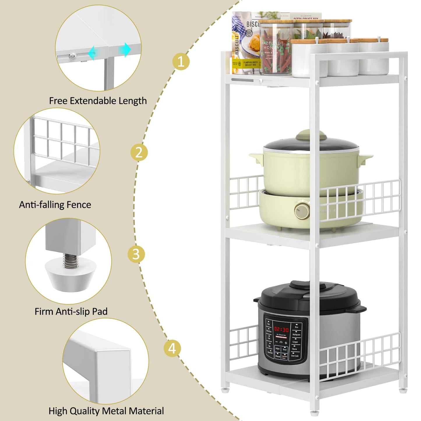 DAOUTIME Expandable Slim Storage Shelf, 3 Tier Metal Shelving Unit for Bathroom Storage Organizer, Free-Standing Narrow Shelf, Open Floor Shelves for Small Spaces,Laundry,Bathroom,Kitchen, White