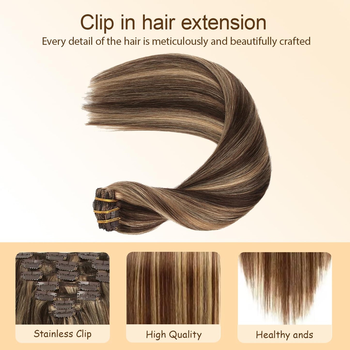P427 Blonde Clip in Hair Extensions Real Human Hair, 28 Inch 120g/7Pcs,Full Shine Remy Human Hair,Highlight Brown Straight Clip ins Brazilian Virgin Human Hair Extensions
