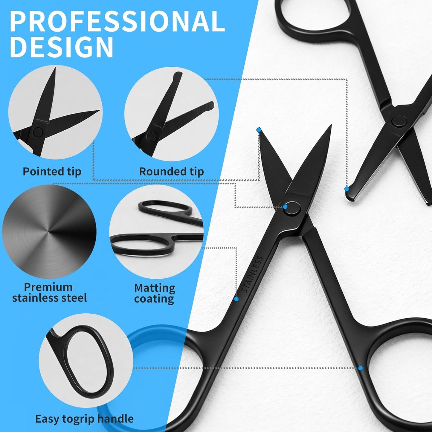 Eyebrow Scissors - 2 Pcs Professional Stainless Steel Grooming Scissors for Men & Women | Rounded Tip, Black