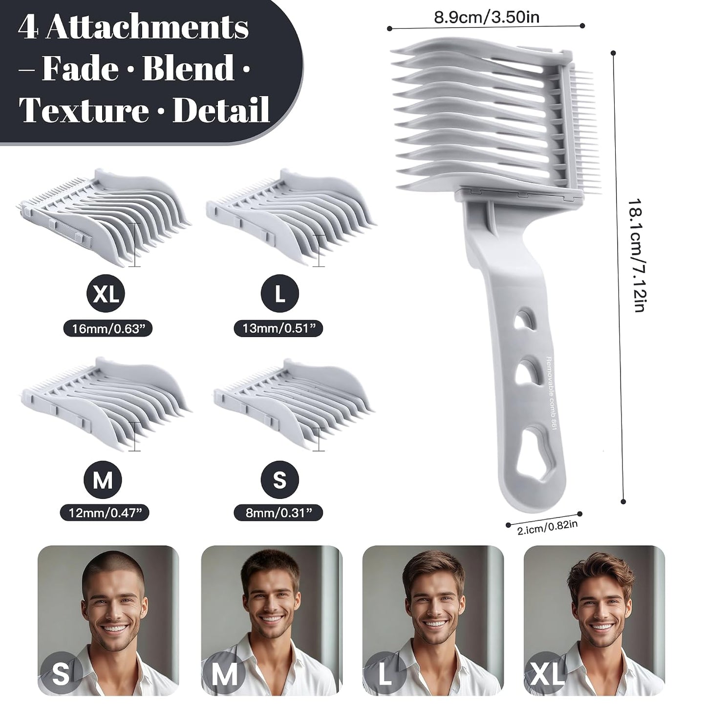 Detachable Fade Comb Set - 4-in-1 Interchangeable Barber Tools for Taper & Blend | Compatible with All Hair Clippers (Grey)