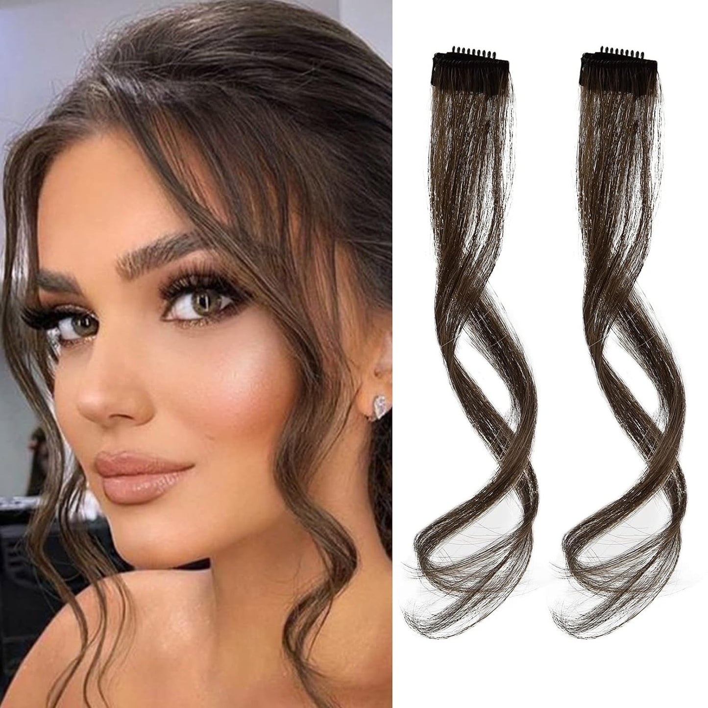Long Side Air Bangs - Wavy Curly Clip-In Curtain Bangs for Women | 12 Inch Face-Framing Highlights in Grey/Brown/Silver/White