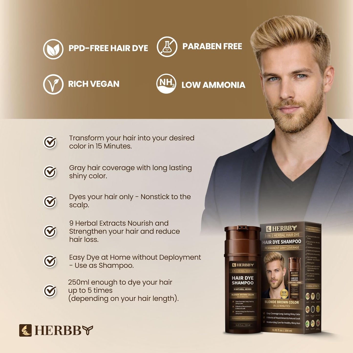 HERBBY Hair Color Shampoo for Gray Coverage | 9 Herbal Extracts for Shiny, Even Color - 250 ml (Blonde Brown)