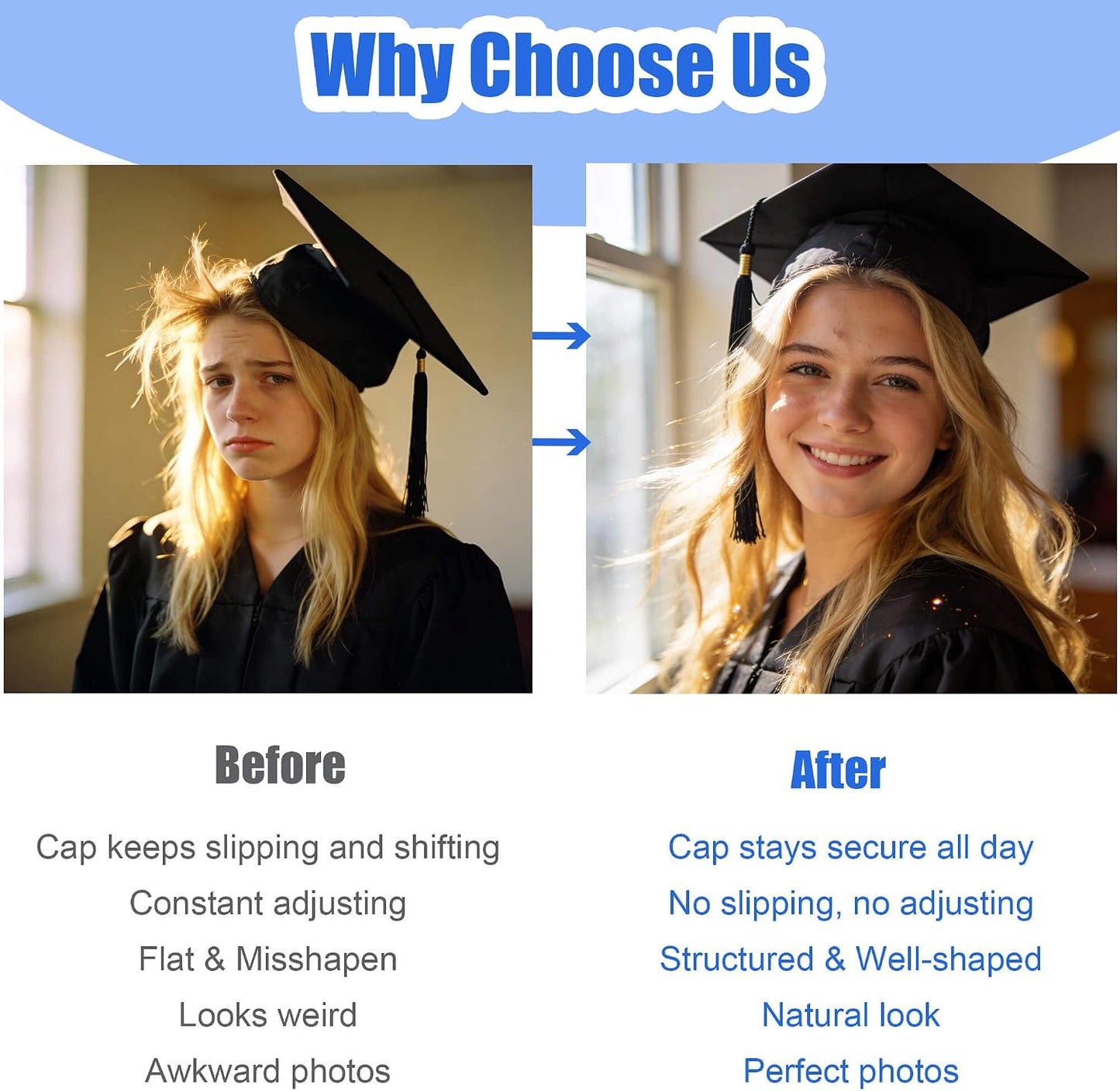 Adjustable Graduation Cap Headband - Invisible Anti-Fall Design | Fits All Head Sizes & Hairstyles - Black